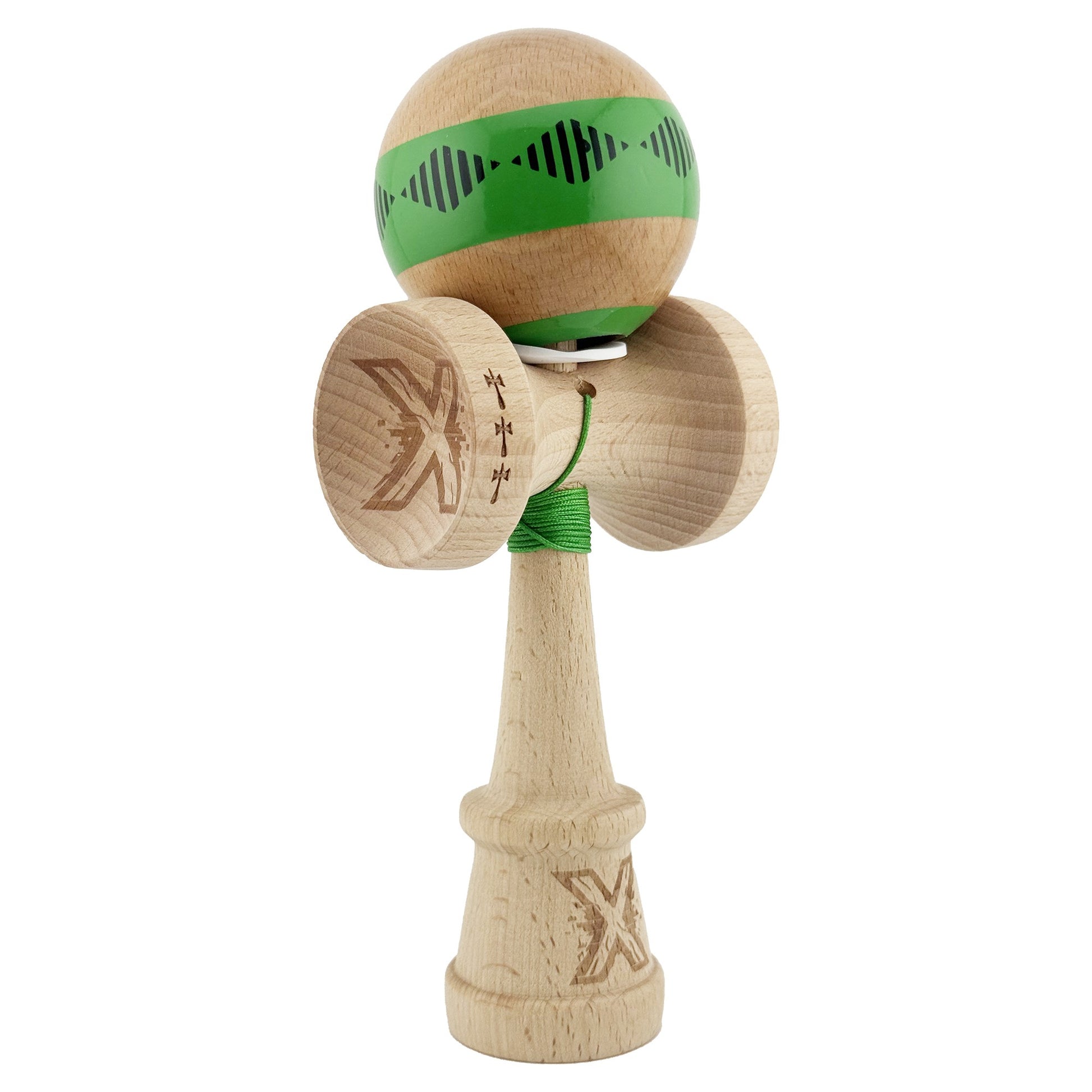 Kendama X Originala FREQUENCY, Profesionala, Klevo, Cupe Mari KING SIZE V3, Super Sticky, Gaura in Baza, Rulment Metalic, din lemn 18 cm, Ata 62/65 cm, Verde/Maro