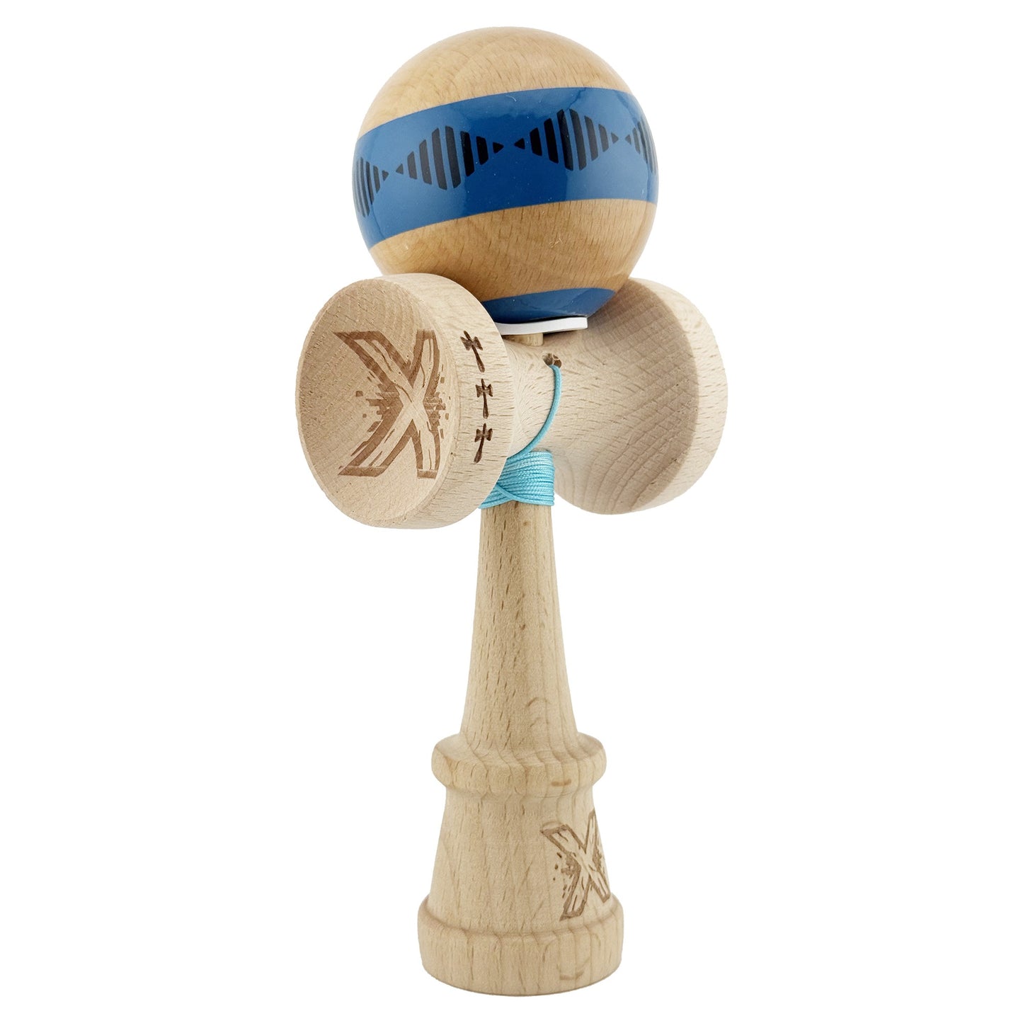 Kendama X Originala FREQUENCY, Profesionala, Klevo, Cupe Mari KING SIZE V3, Super Sticky, Gaura in Baza, Rulment Metalic, din lemn 18 cm, Ata 62/65 cm, Albastru/Maro