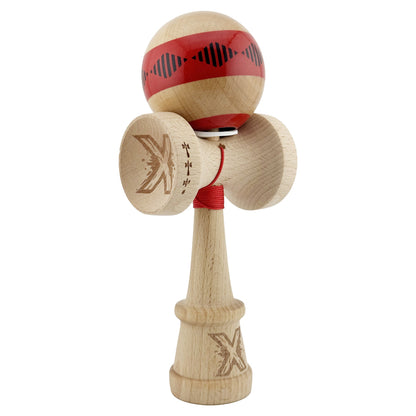 Kendama X Originala FREQUENCY, Profesionala, Klevo, Cupe Mari KING SIZE V3, Super Sticky, Gaura in Baza, Rulment Metalic, din lemn 18 cm, Ata 62/65 cm, Rosu/Maro