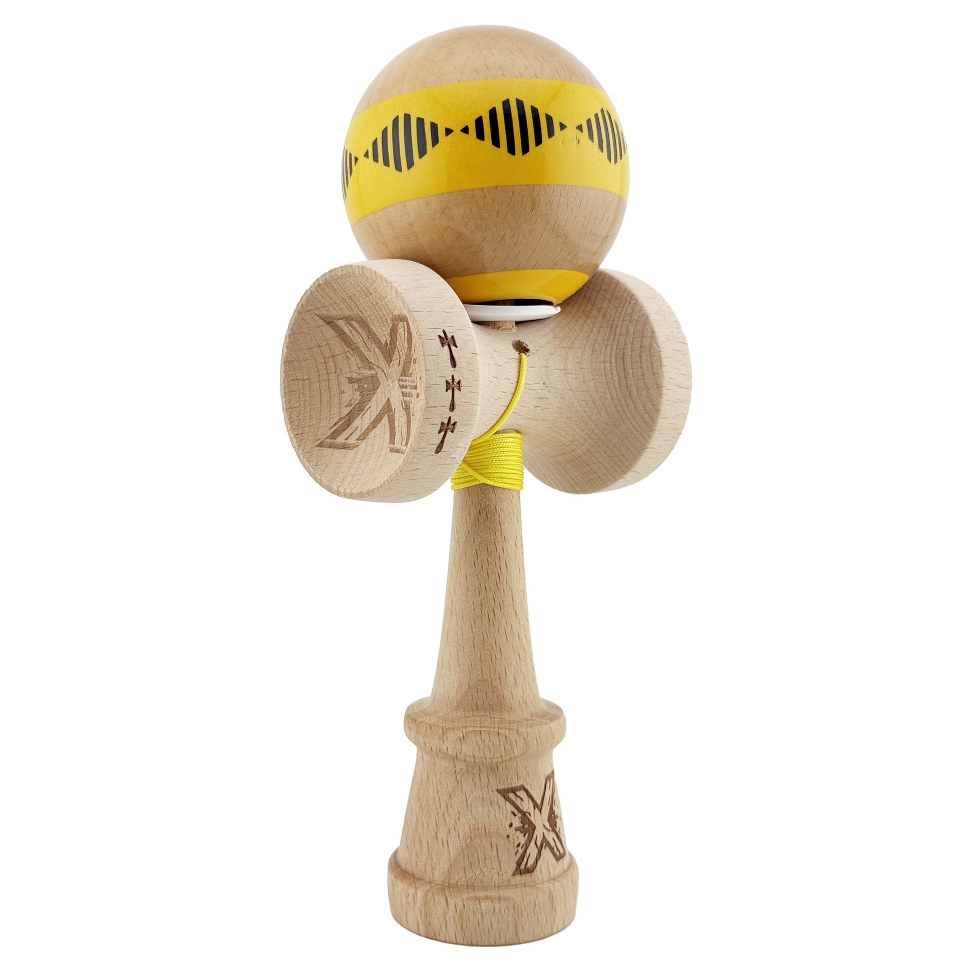 Kendama X Originala FREQUENCY, Profesionala, Klevo, Cupe Mari KING SIZE V3, Super Sticky, Gaura in Baza, Rulment Metalic, din lemn 18 cm, Ata 62/65 cm, Galben/Maro