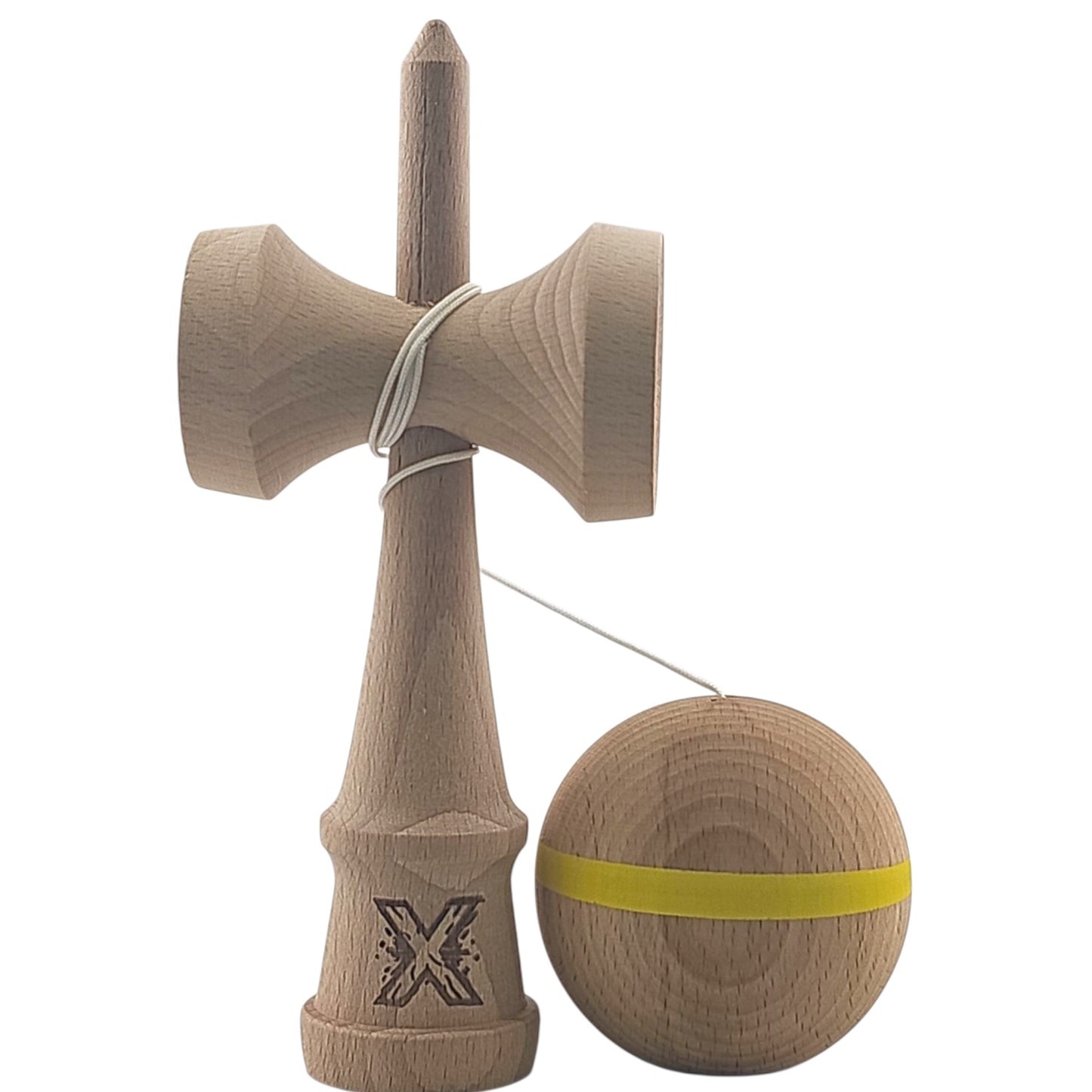 Kendama X Originală, Profesională, Klevo, din Lemn, 18 cm, Model cu Dunga, Galben