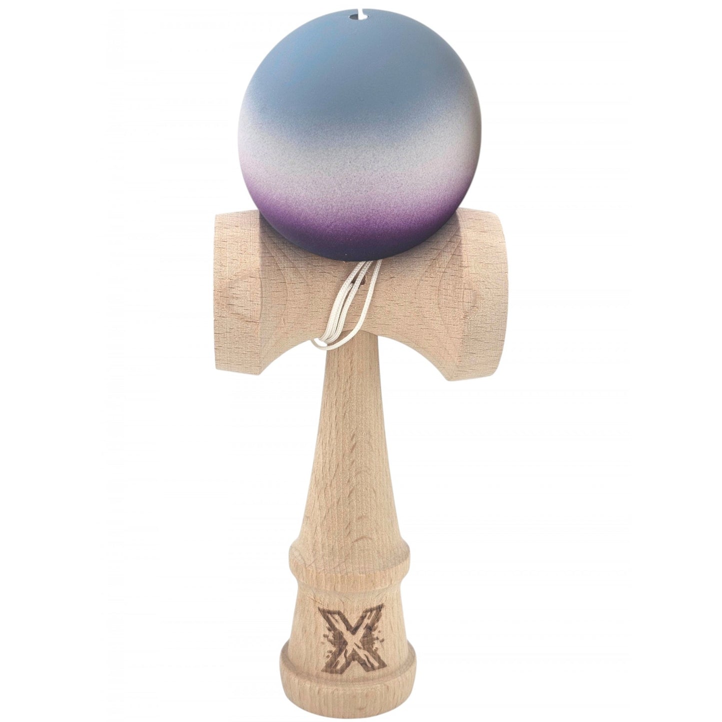 Kendama X Originala, Profesionala, Klevo, Rubber Grip, din Lemn, 18 cm, Gri/Alb/Mov