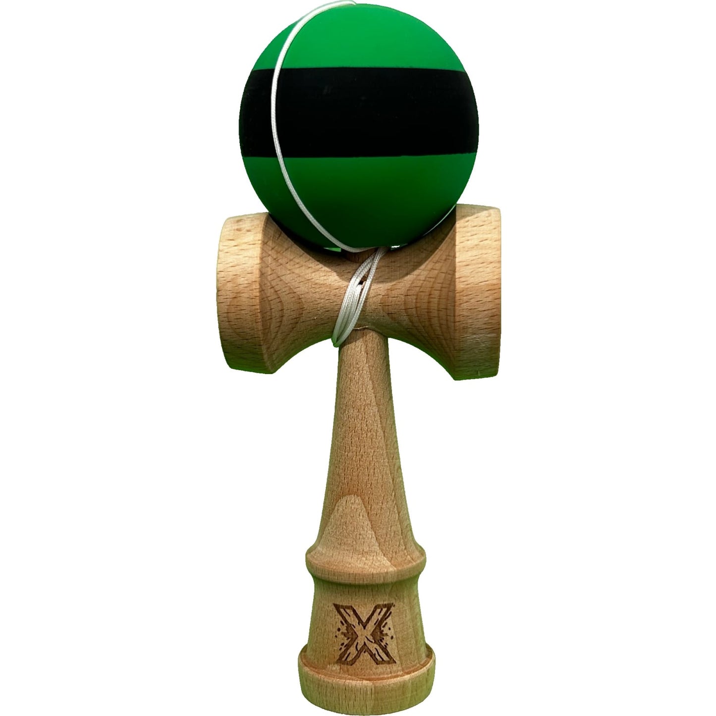 Kendama X Originala, Profesionala, Klevo, 18 cm, din Lemn, Rubber Grip, Negru/Verde