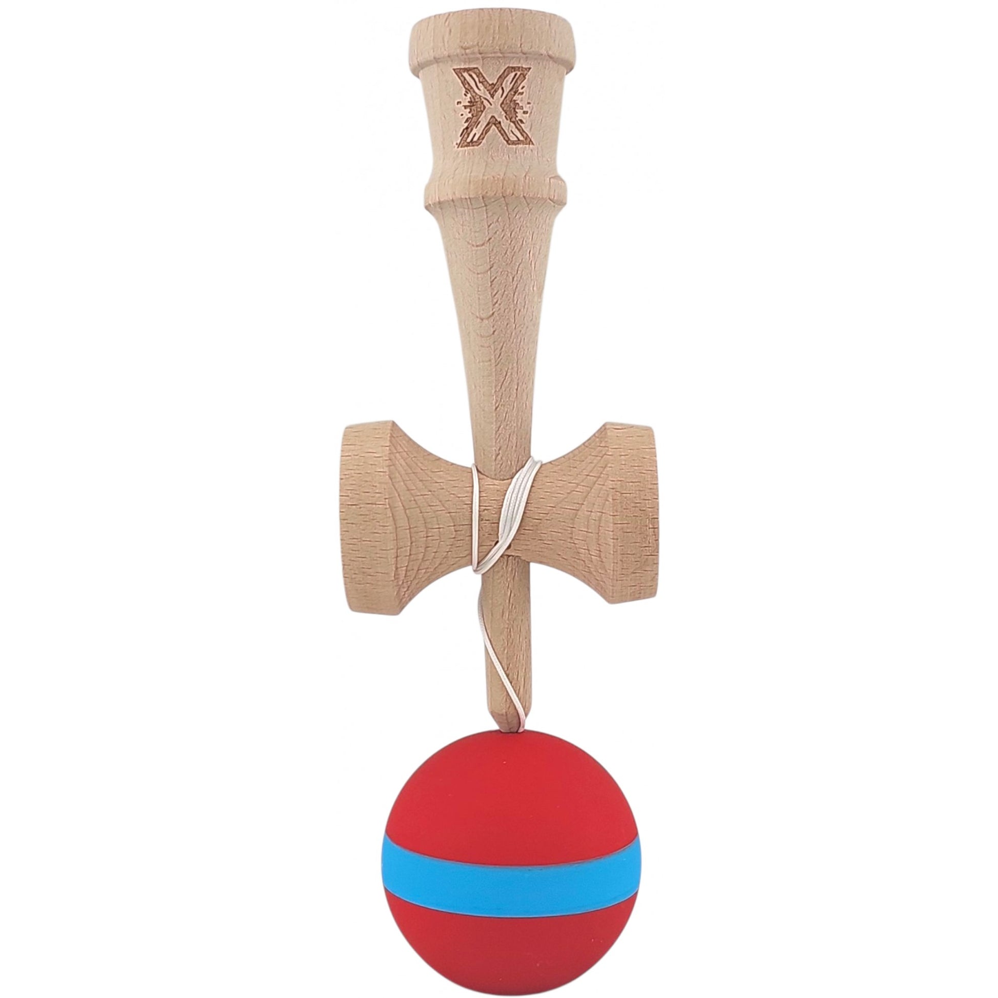 Kendama X Originala, Profesionala, Klevo, 18 cm, din Lemn, Rubber Grip, Rosu/Albastru