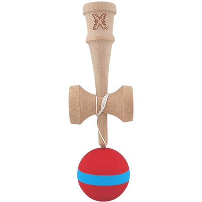 Kendama X Originala, Profesionala, Klevo, 18 cm, din Lemn, Rubber Grip, Rosu/Albastru