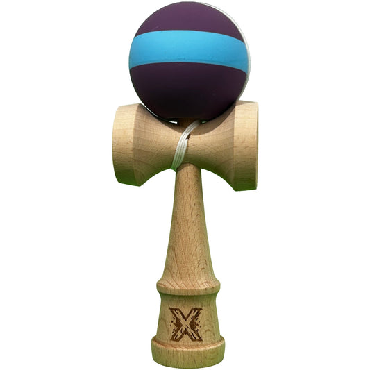 Jucarie Kendama X Originala, Profesionala, Klevo, din Lemn, Rubber Grip, 18 cm, Mov/Albastru