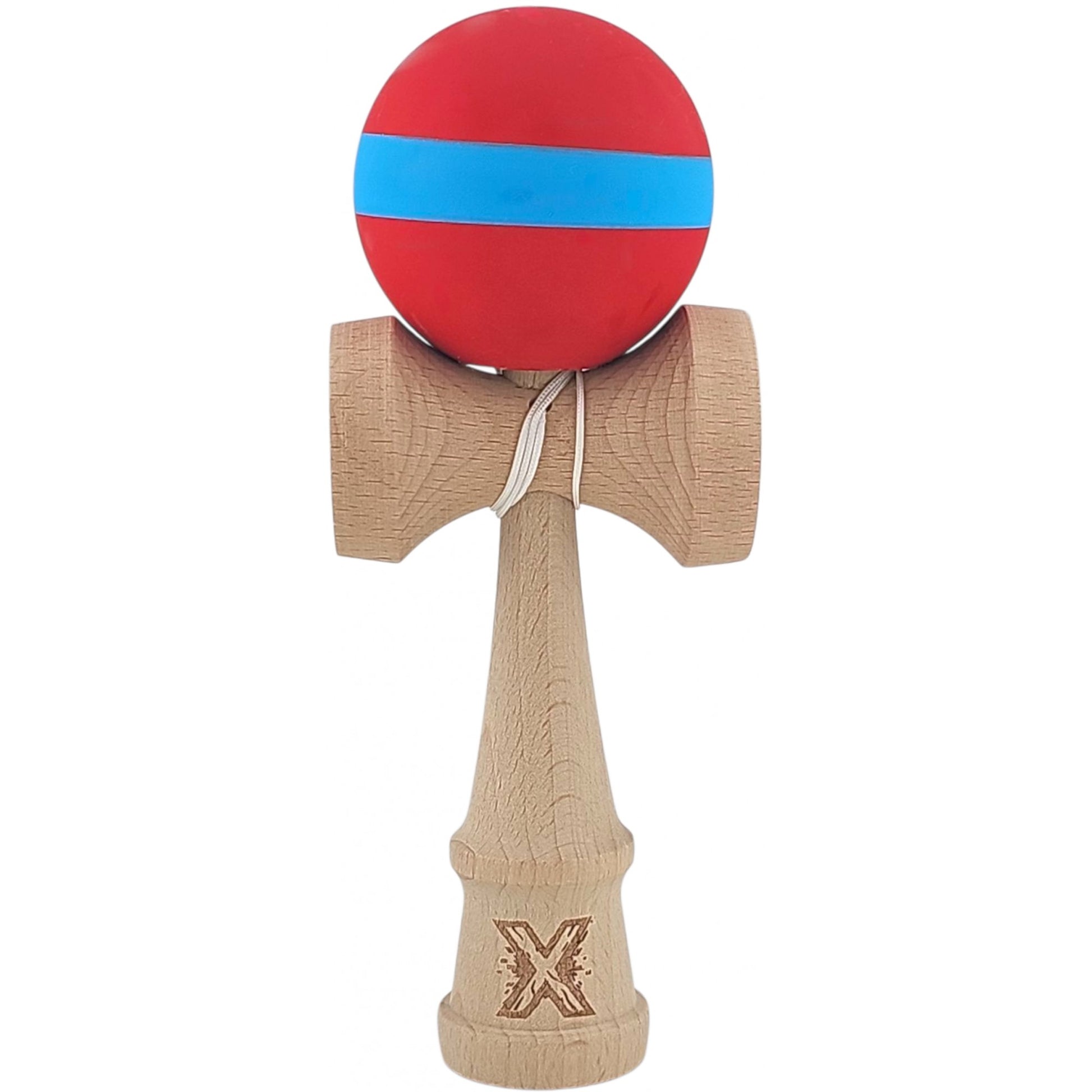 Kendama X Originala, Profesionala, Klevo, 18 cm, din Lemn, Rubber Grip, Rosu/Albastru