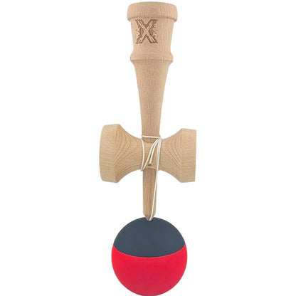 Kendama X Originala, Profesionala, Klevo, 18 cm, din Lemn, Rubber Grip, Rosu/Negru