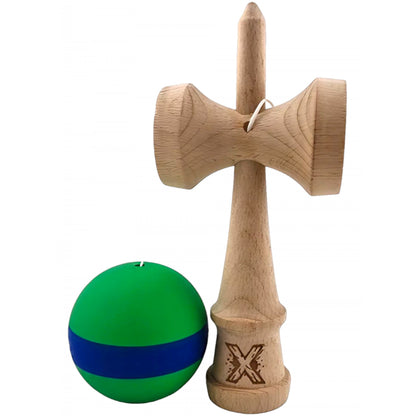 Kendama X Originala, Profesionala, Klevo, 18 cm, din Lemn, Rubber Grip, Verde/Albastru