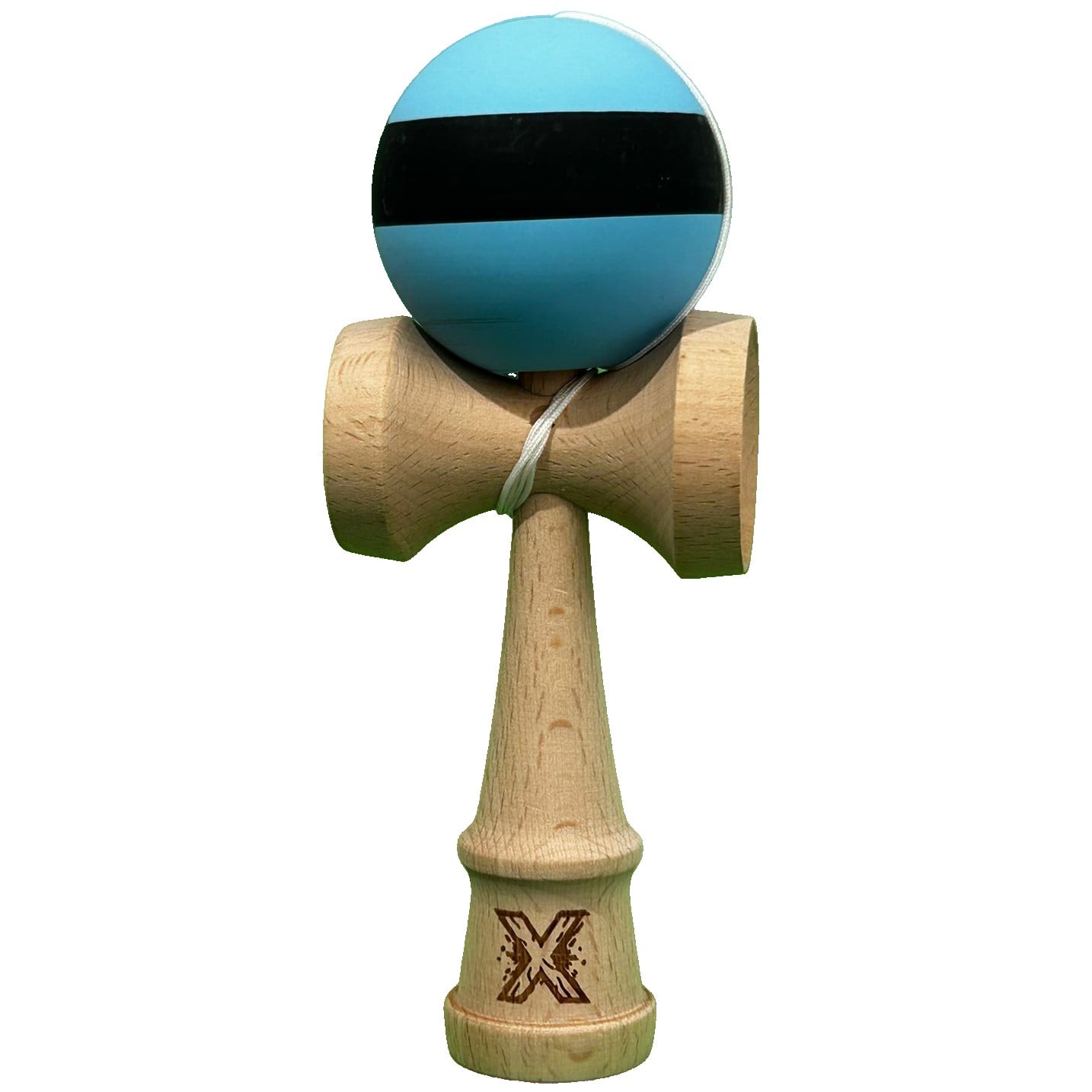 Kendama X Originala, Profesionala, Klevo, din Lemn, 18 cm, Rubber Grip, Dungi Albastru/Negru