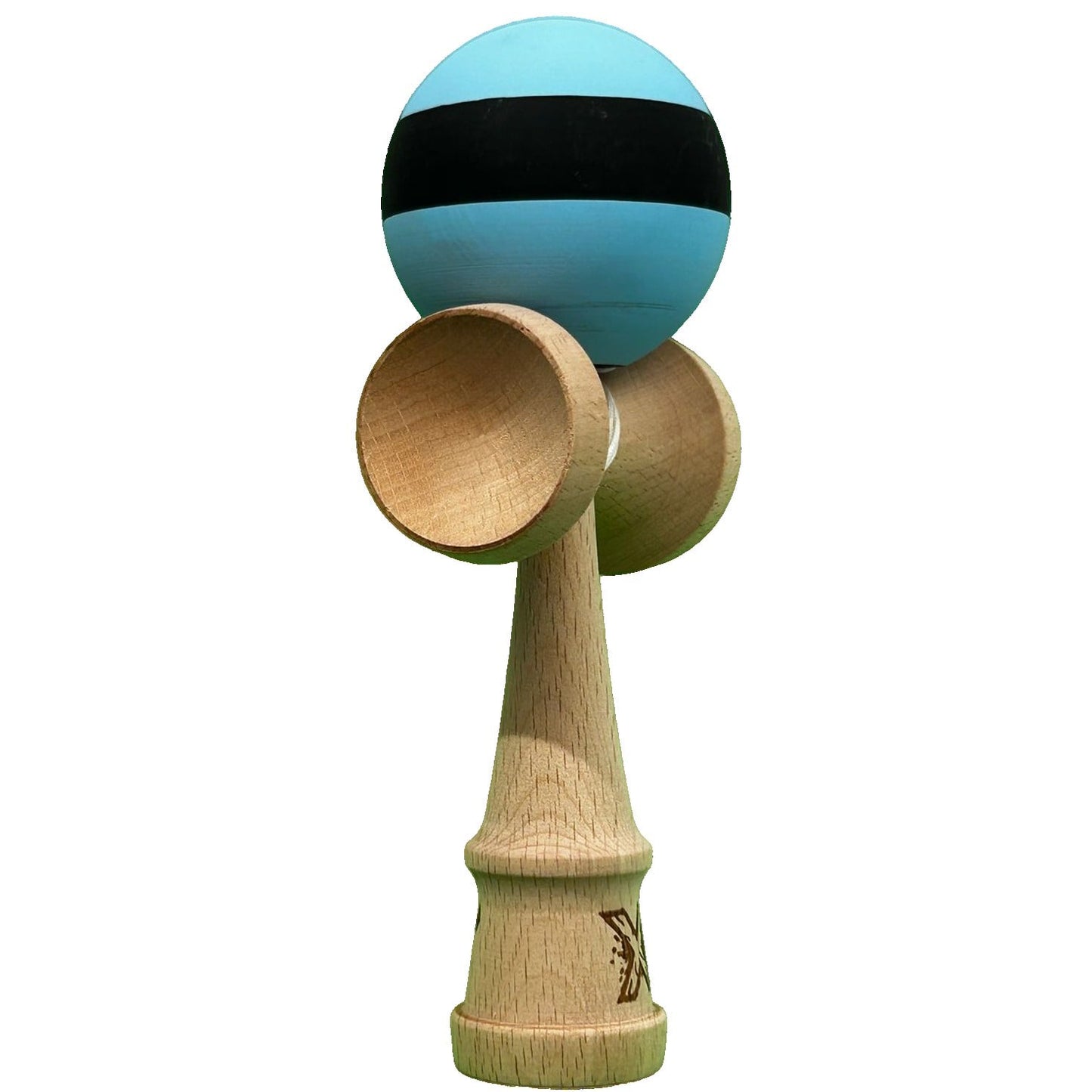 Kendama X Originala, Profesionala, Klevo, din Lemn, 18 cm, Rubber Grip, Dungi Albastru/Negru