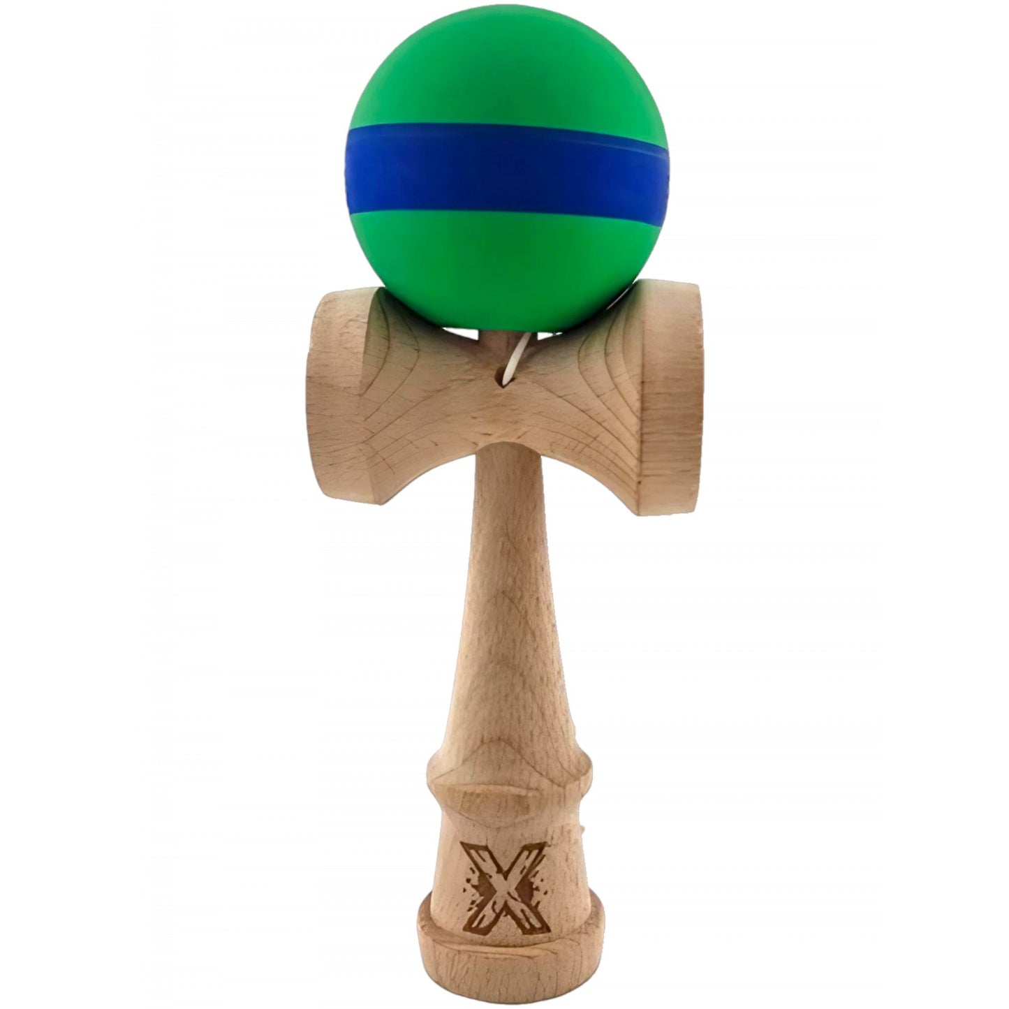 Kendama X Originala, Profesionala, Klevo, 18 cm, din Lemn, Rubber Grip, Verde/Albastru