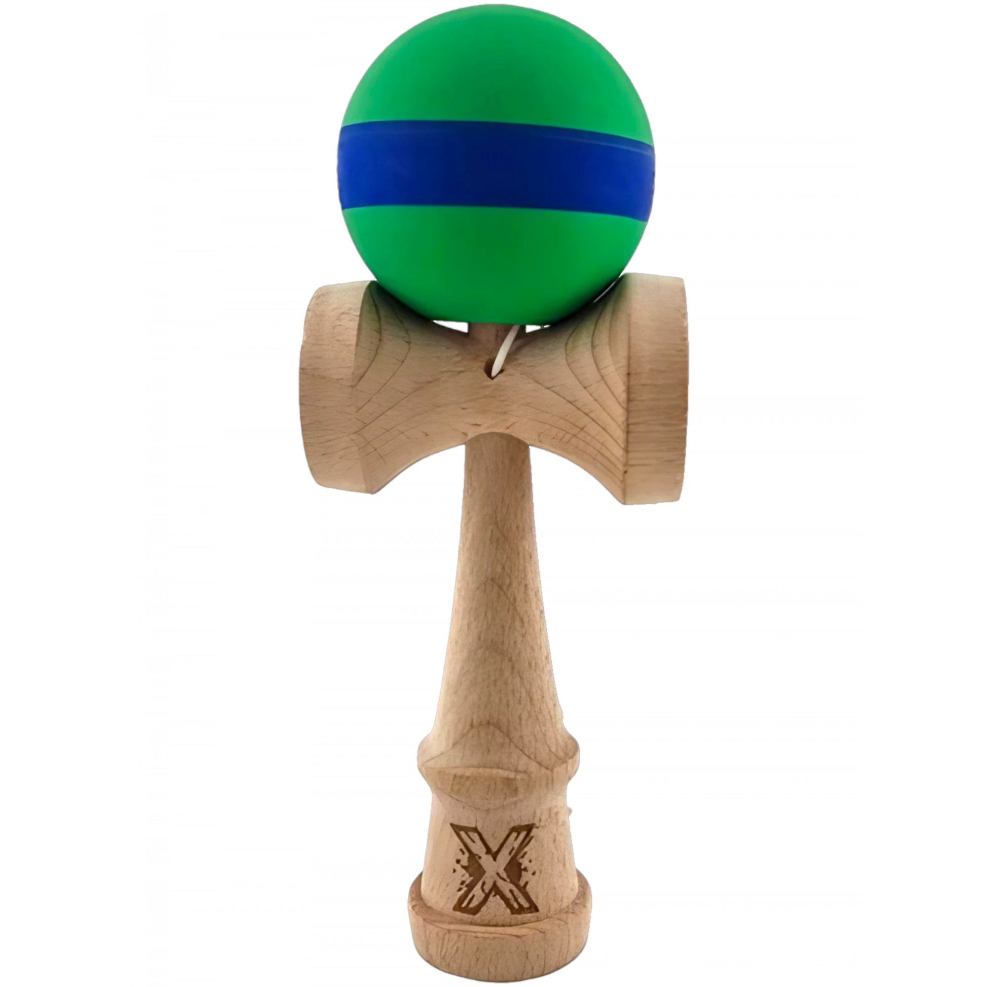 Kendama X Originala, Profesionala, Klevo, 18 cm, din Lemn, Rubber Grip, Verde/Albastru