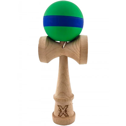 Kendama X Originala, Profesionala, Klevo, 18 cm, din Lemn, Rubber Grip, Verde/Albastru