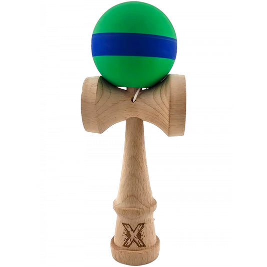 Kendama X Originala, Profesionala, Klevo, 18 cm, din Lemn, Rubber Grip, Verde/Albastru
