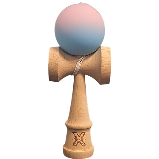Kendama X Originala, Profesionala, Klevo, din Lemn, Rubber Grip, 18 cm, Lila/Turcoaz