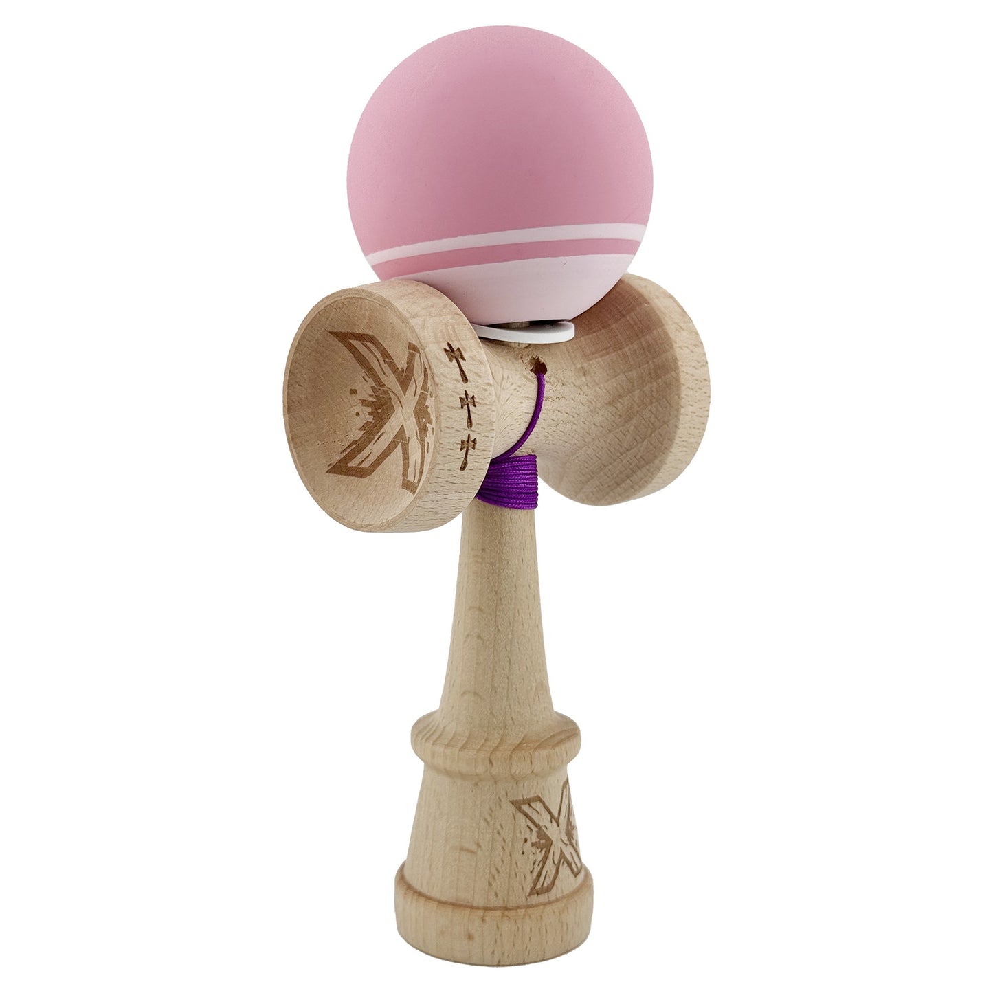 Kendama X Originala, Profesionala, Klevo, Rubber Grip, Cupe Mari KING SIZE V3, Gaura in Baza, Rulment Metalic, din lemn 18 cm, Ata 62/65 cm, Bicolor Roz/Roz deschis