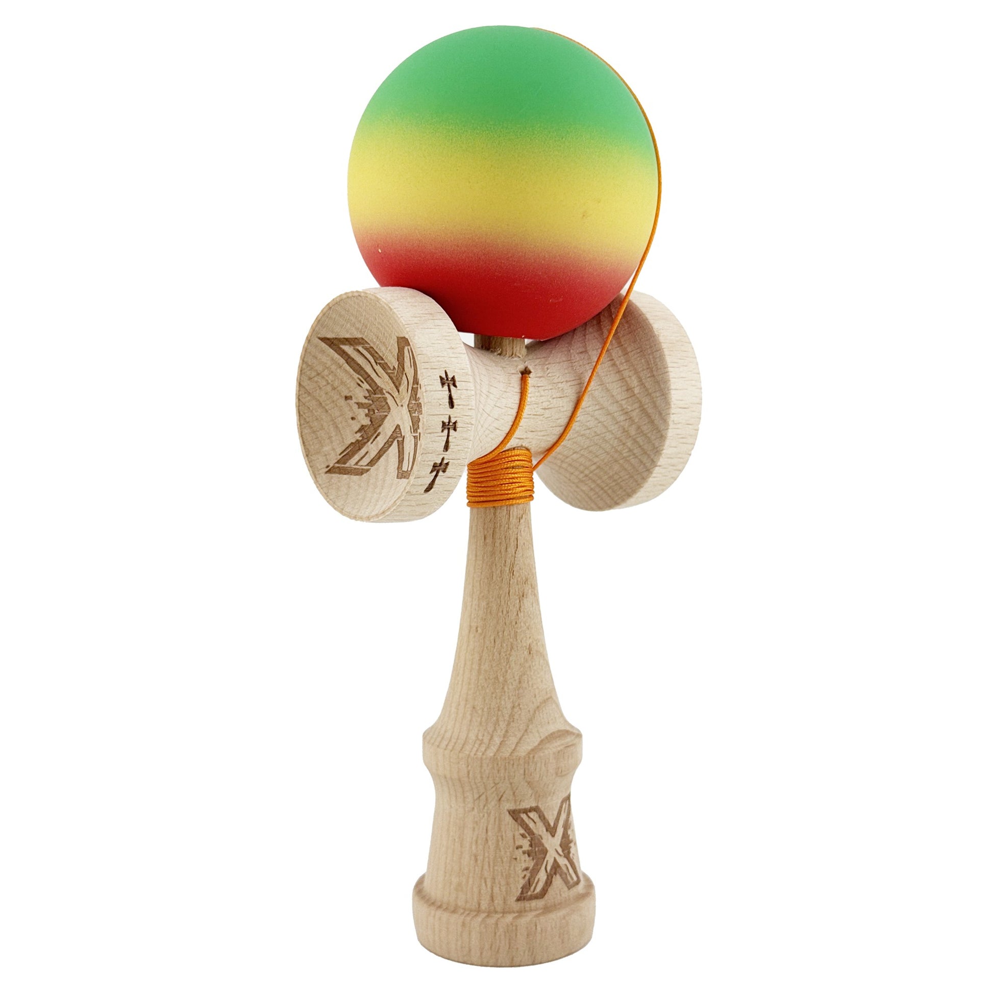 Kendama X Originala, Profesionala, Klevo, Big Cups V2, Rubber Grip cu Cupe Mari, Rulment Metalic cu Ata 55 cm, Verde/Galben/Rosu