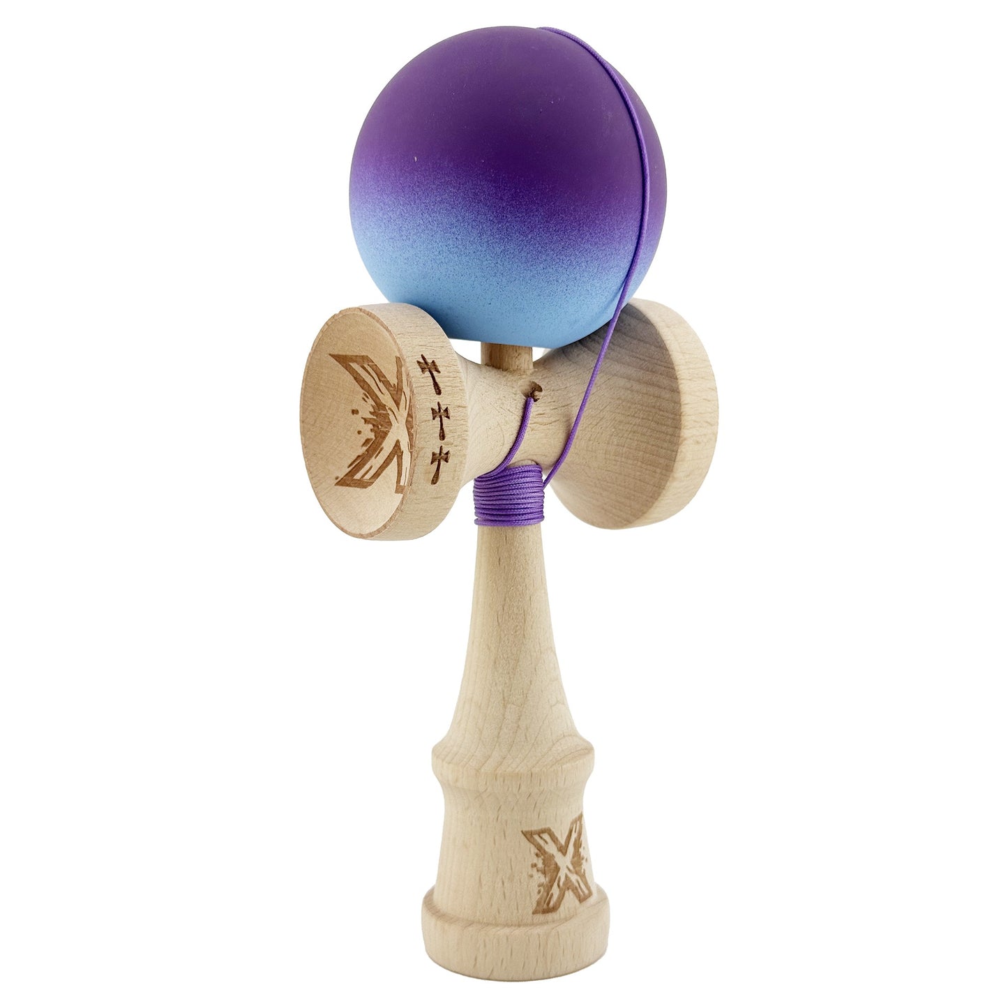 Kendama X Originala, Profesionala, Klevo, Big Cups V2, Rubber Grip cu Cupe Mari, Rulment Metalic cu Ata 55 cm, Violet/Albastru