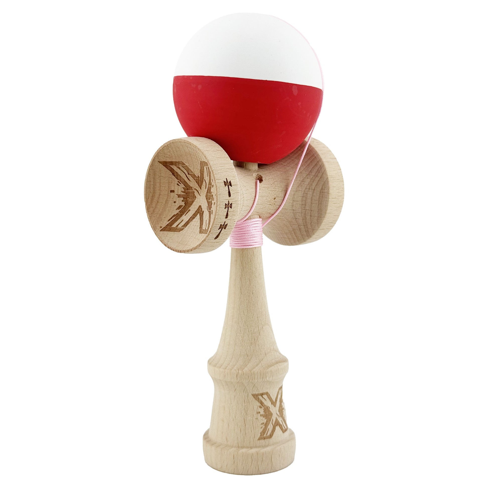 Kendama X Originala, Profesionala, Klevo, Big Cups V2, Rubber Grip cu Cupe Mari, Rulment Metalic cu Ata 55 cm, Alb/Rosu