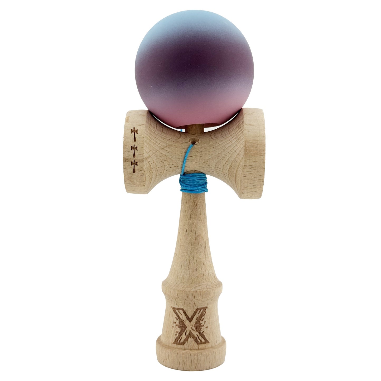 Kendama X Originala, Profesionala, Klevo, Big Cups V2, Rubber Grip cu Cupe Mari, Rulment Metalic cu Ata 55 cm, Gradient Albastru/Mov/Roz