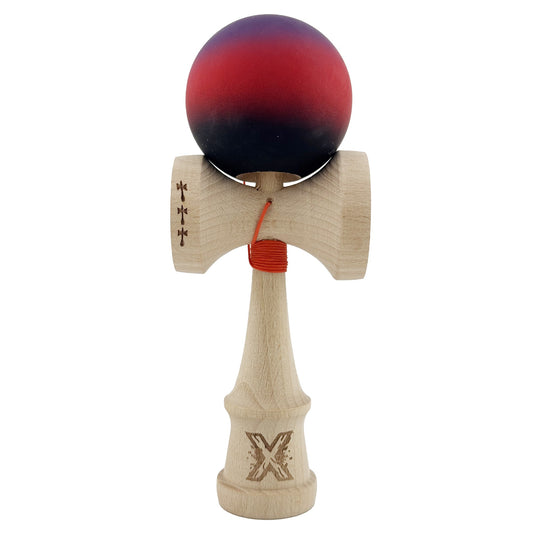 Kendama X Originala, Profesionala, Klevo, Big Cups V2, Rubber Grip cu Cupe Mari, Rulment Metalic cu Ata 55 cm, Mov/Rosu/Negru