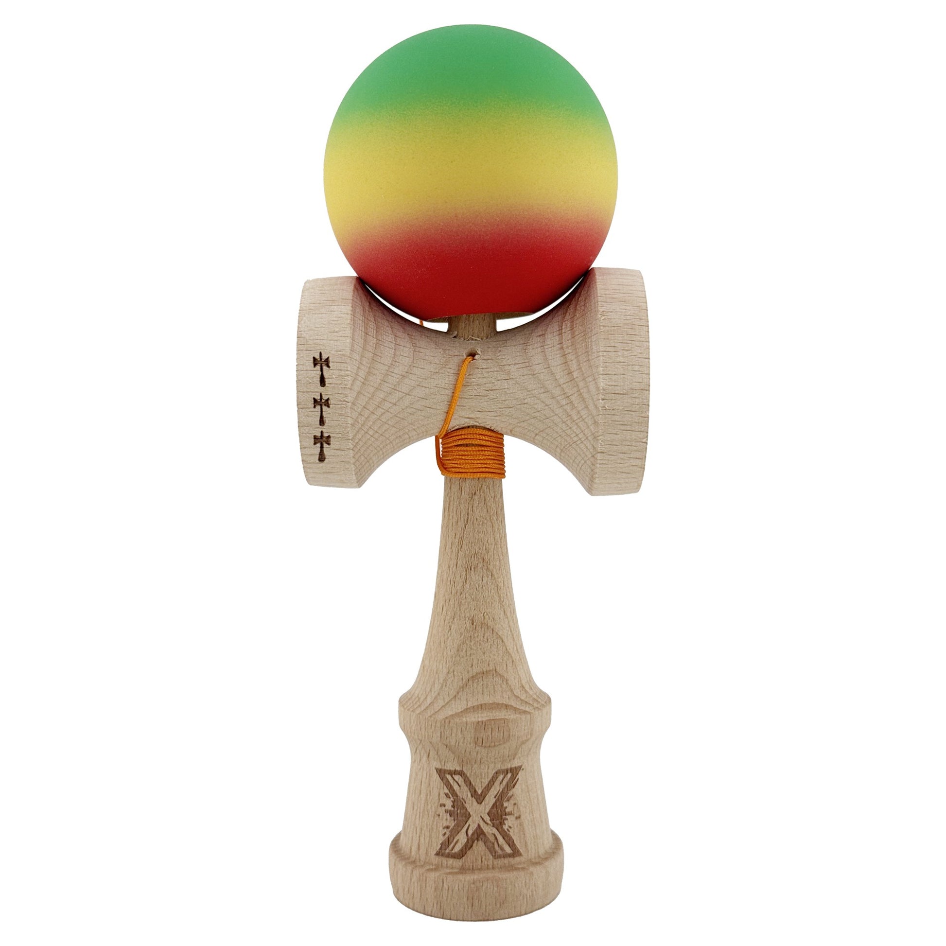 Kendama X Originala, Profesionala, Klevo, Big Cups V2, Rubber Grip cu Cupe Mari, Rulment Metalic cu Ata 55 cm, Verde/Galben/Rosu