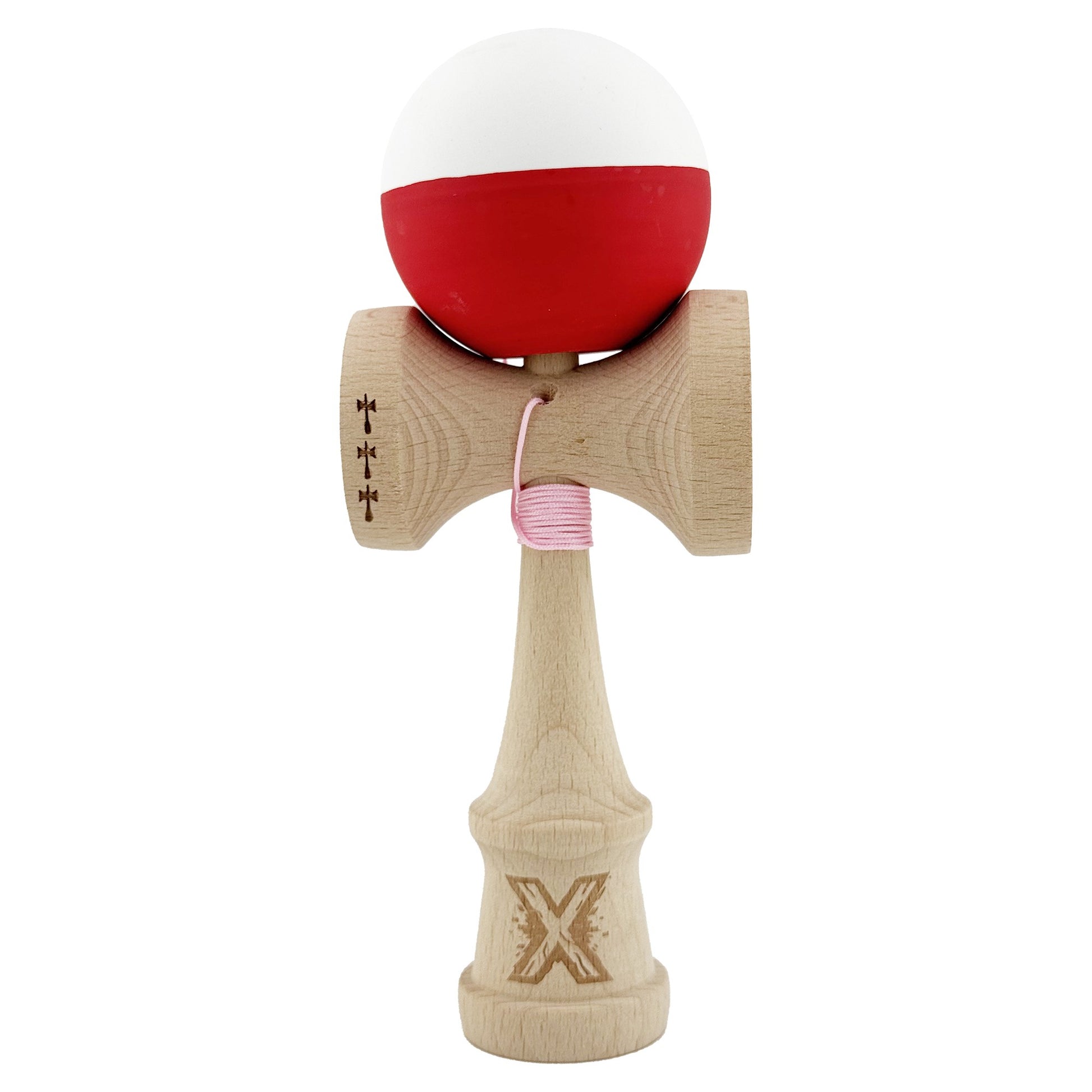 Kendama X Originala, Profesionala, Klevo, Big Cups V2, Rubber Grip cu Cupe Mari, Rulment Metalic cu Ata 55 cm, Alb/Rosu