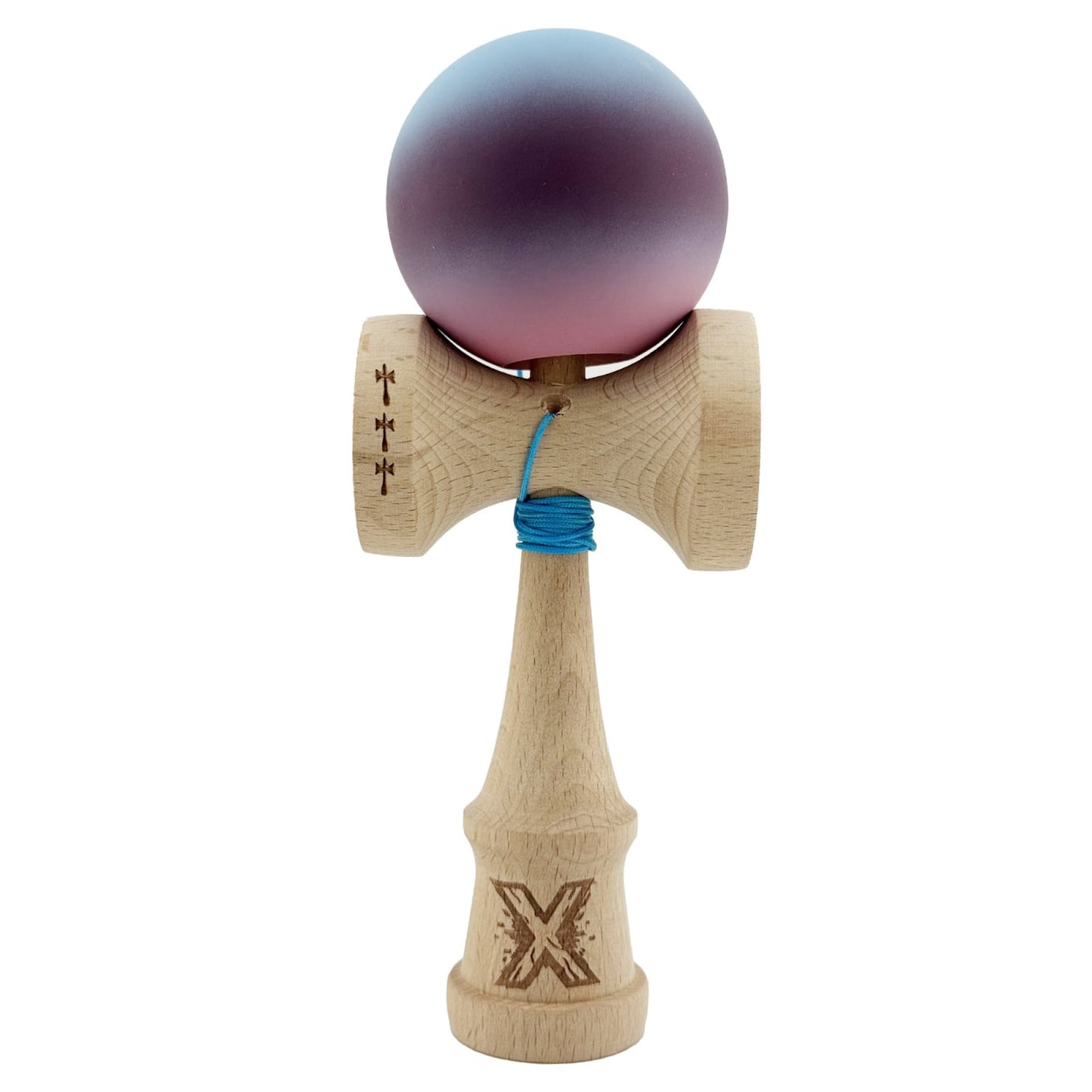 Kendama X Originala, Profesionala, Klevo, Big Cups V2, Rubber Grip cu Cupe Mari, Rulment Metalic cu Ata 55 cm, Gradient Albastru/Mov/Roz