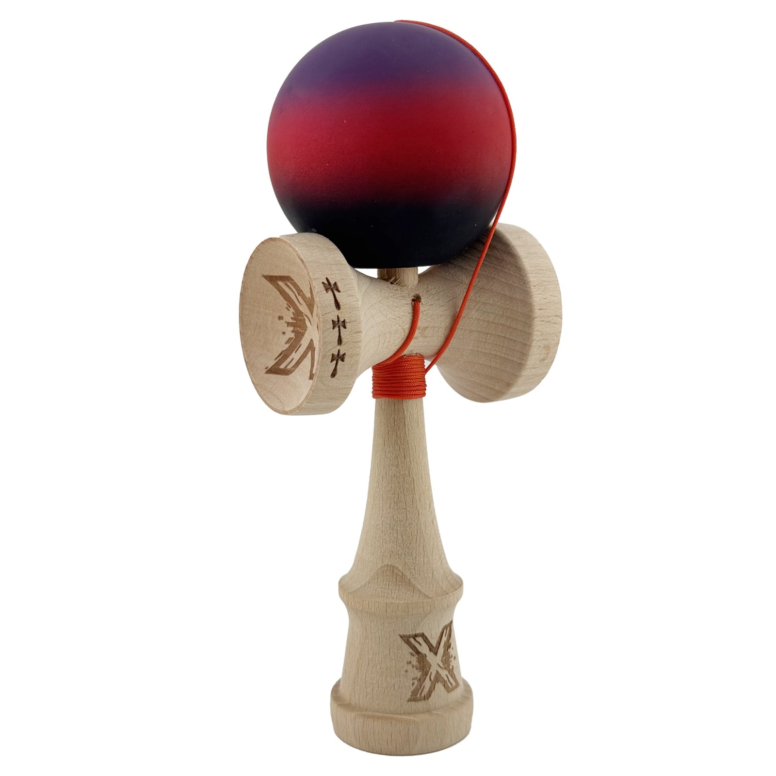 Kendama X Originala, Profesionala, Klevo, Big Cups V2, Rubber Grip cu Cupe Mari, Rulment Metalic cu Ata 55 cm, Mov/Rosu/Negru