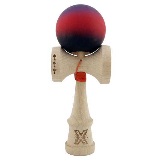 Kendama X Originala, Profesionala, Klevo, Big Cups V2, Rubber Grip cu Cupe Mari, Rulment Metalic cu Ata 55 cm, Mov/Rosu/Negru