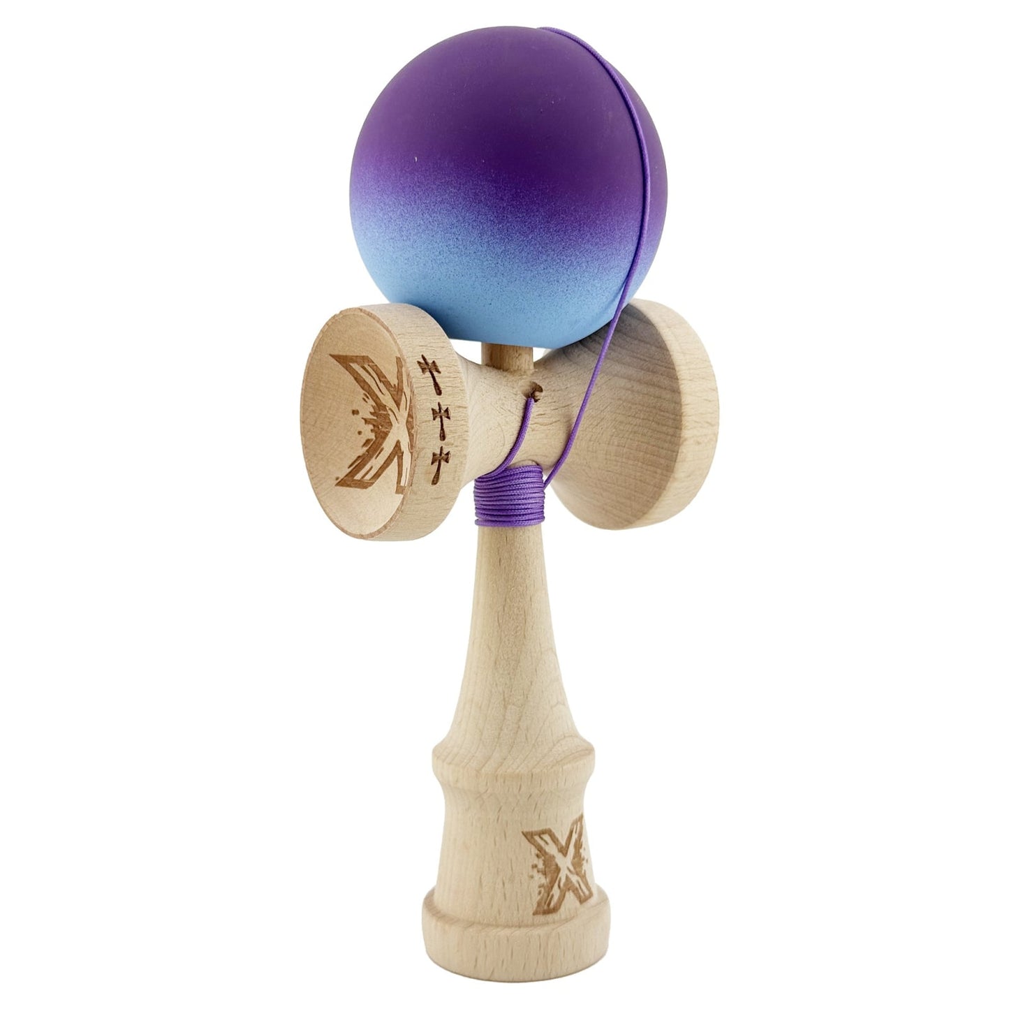 Kendama X Originala, Profesionala, Klevo, Big Cups V2, Rubber Grip cu Cupe Mari, Rulment Metalic cu Ata 55 cm, Violet/Albastru