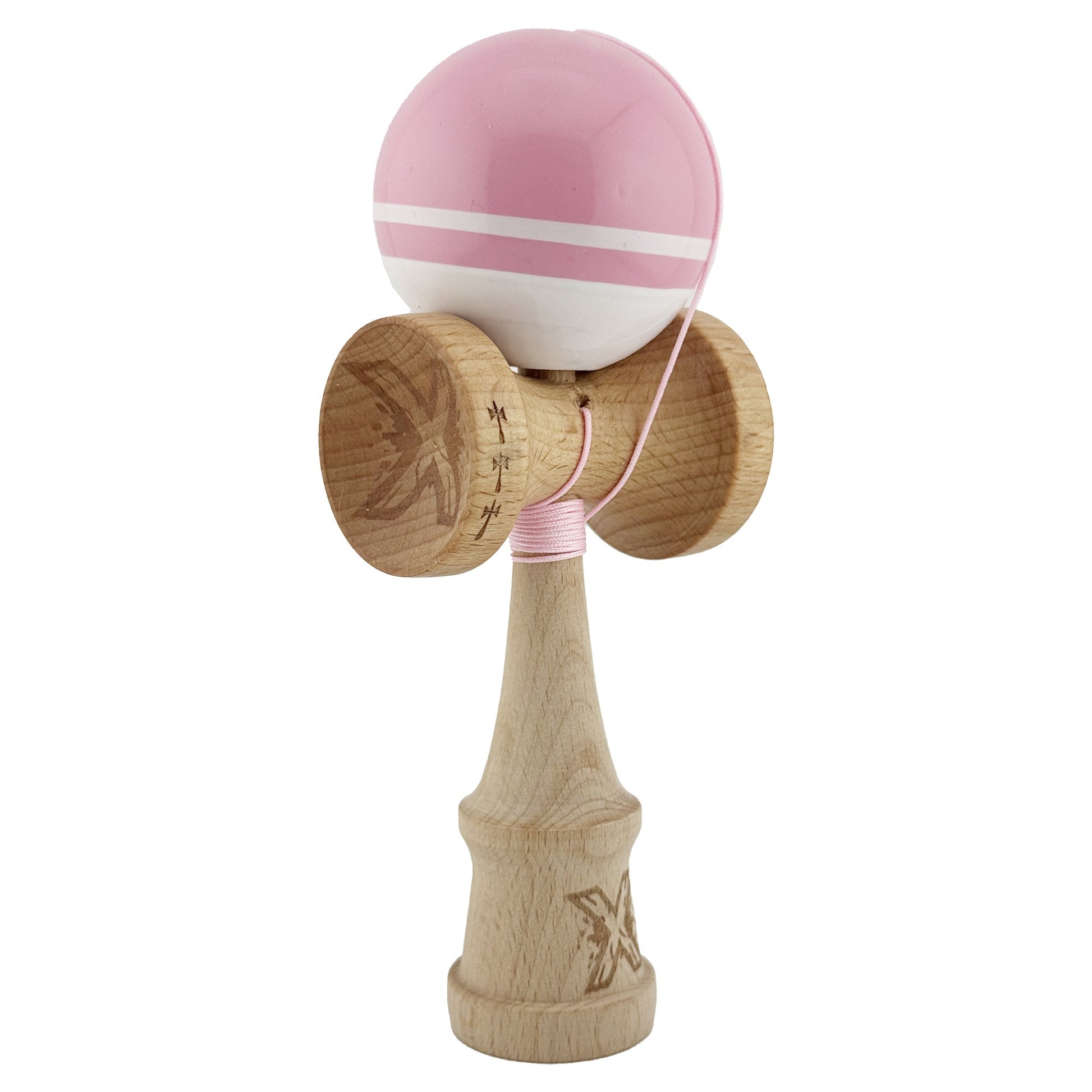 Kendama X Originala, Profesionala, Klevo, Big Cups V2, Super Sticky cu Cupe Mari, din lemn 18 cm, Rulment Metalic cu Ata 55 cm, Roz/Alb