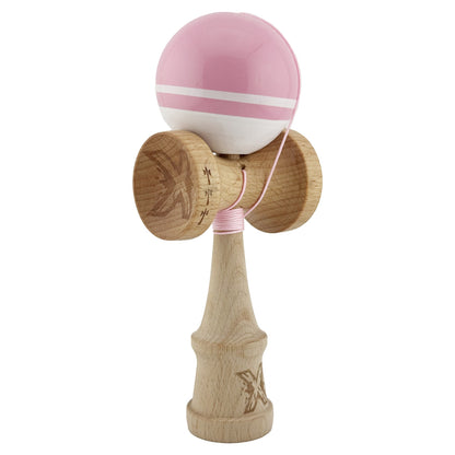 Kendama X Originala, Profesionala, Klevo, Big Cups V2, Super Sticky cu Cupe Mari, din lemn 18 cm, Rulment Metalic cu Ata 55 cm, Roz/Alb