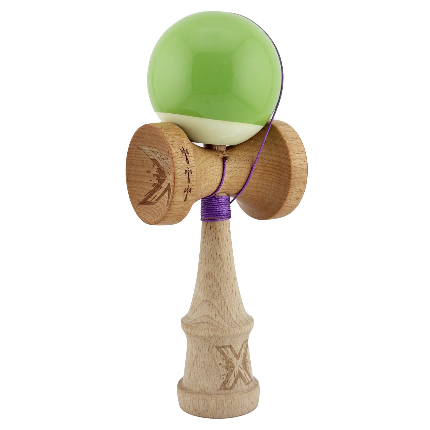Kendama X Originala, Profesionala, Klevo, Big Cups V2, Super Sticky cu Cupe Mari, din lemn 18 cm, Rulment Metalic cu Ata 55 cm, Verde deschis/Alb