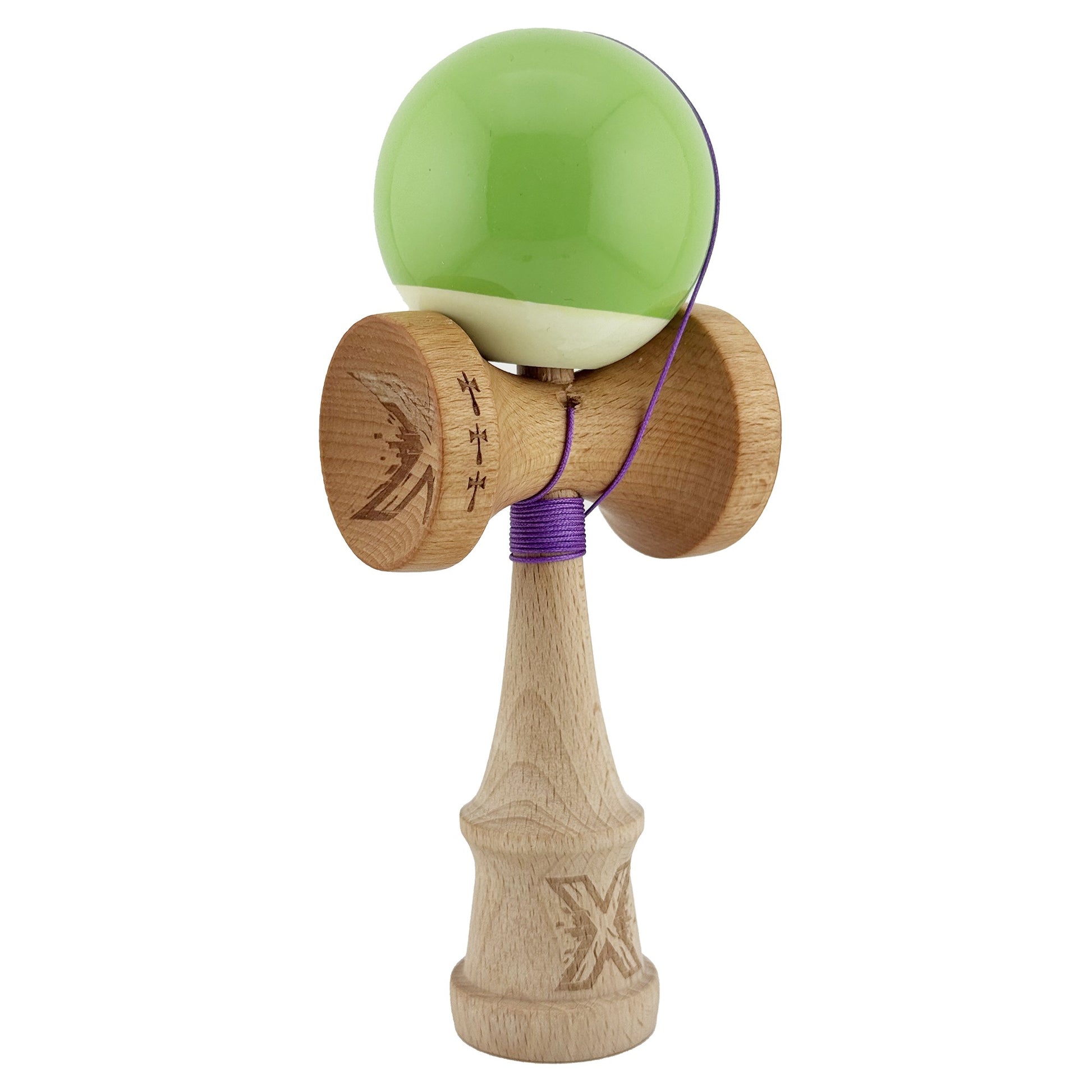 Kendama X Originala, Profesionala, Klevo, Big Cups V2, Super Sticky cu Cupe Mari, din lemn 18 cm, Rulment Metalic cu Ata 55 cm, Verde deschis/Alb