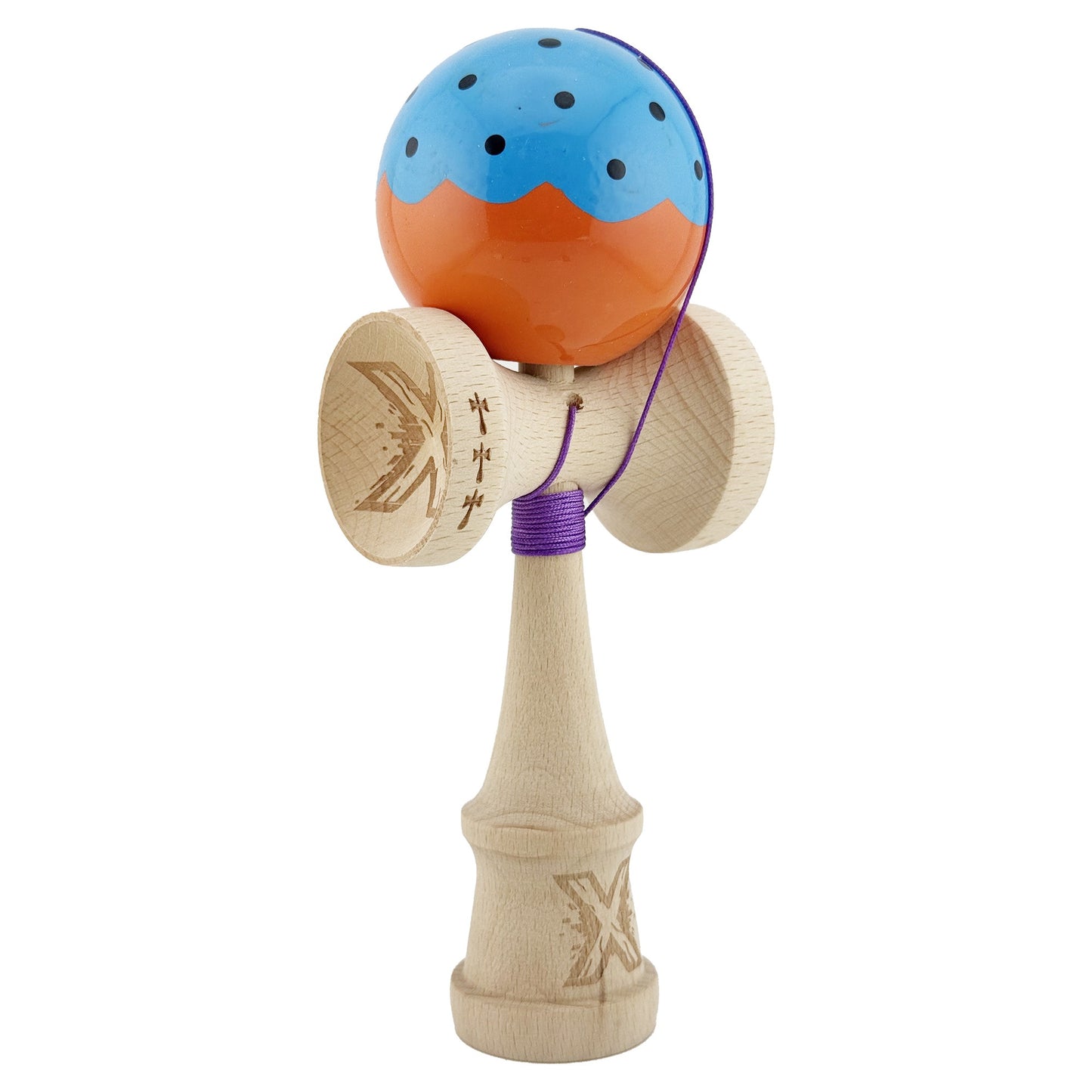 Kendama X Originala, Profesionala, Klevo, Big Cups V2, Super Sticky cu Cupe Mari, din lemn 18 cm, Rulment Metalic cu Ata 55 cm, Albastru/Portocaliu