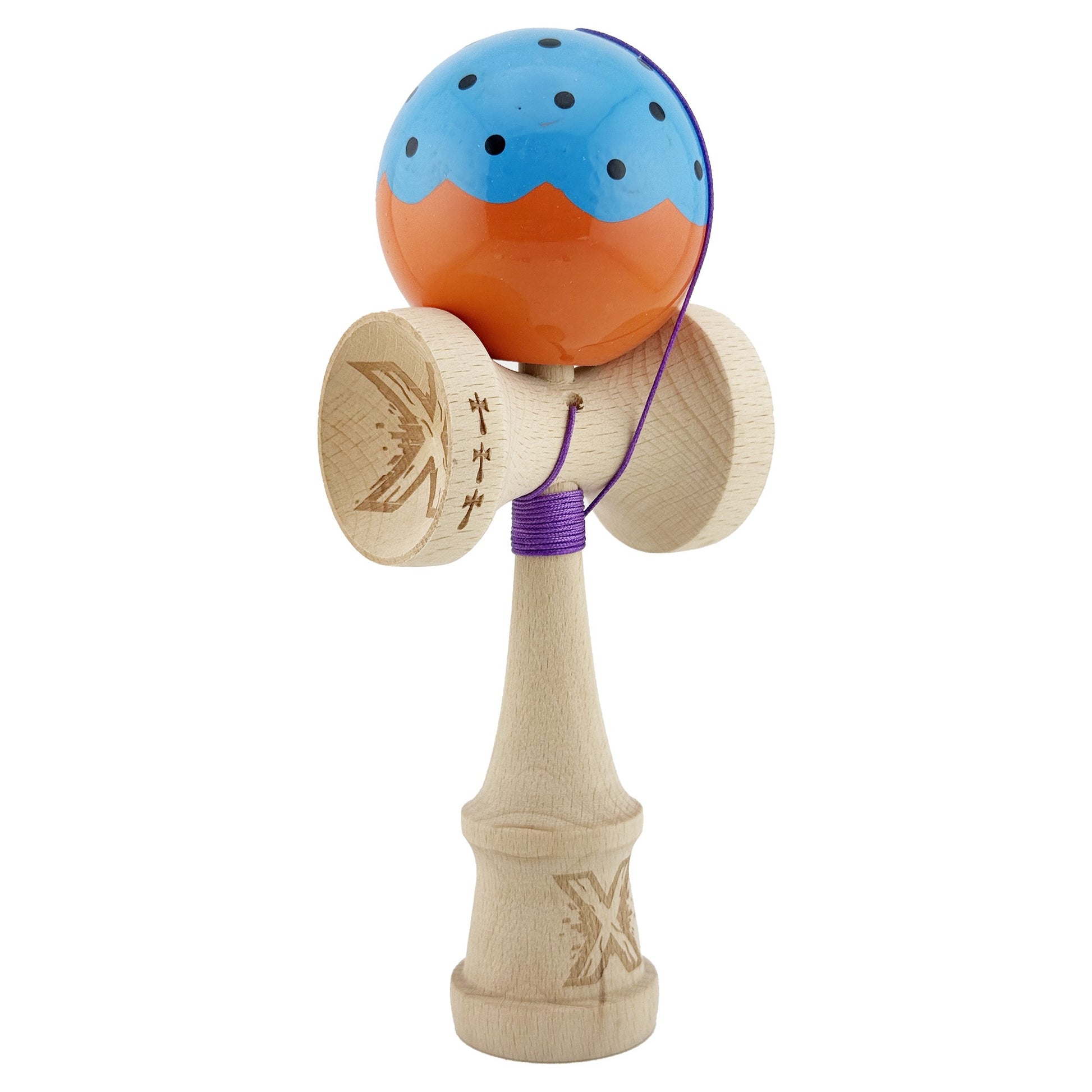 Kendama X Originala, Profesionala, Klevo, Big Cups V2, Super Sticky cu Cupe Mari, din lemn 18 cm, Rulment Metalic cu Ata 55 cm, Albastru/Portocaliu