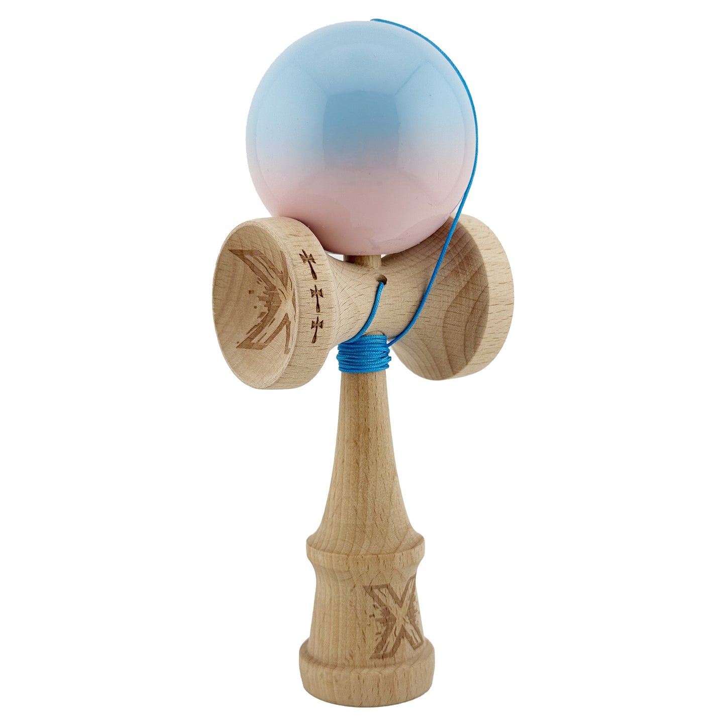 Kendama X Originala, Profesionala, Klevo, Big Cups V2, Super Sticky cu Cupe Mari, din lemn 18 cm, Rulment Metalic cu Ata 55 cm, Albastru deschis/Roz
