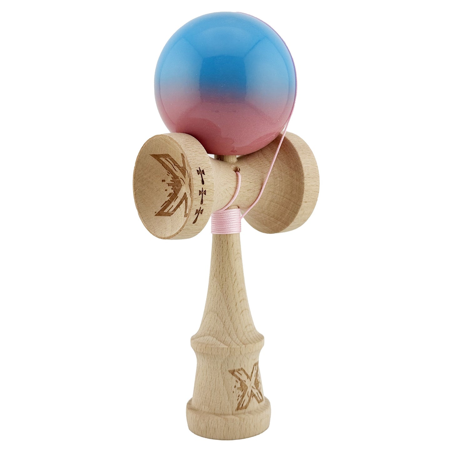 Kendama X Originala, Profesionala, Klevo, Big Cups V2, Super Sticky cu Cupe Mari, din lemn 18 cm, Rulment Metalic cu Ata 55 cm, Albastru/Roz