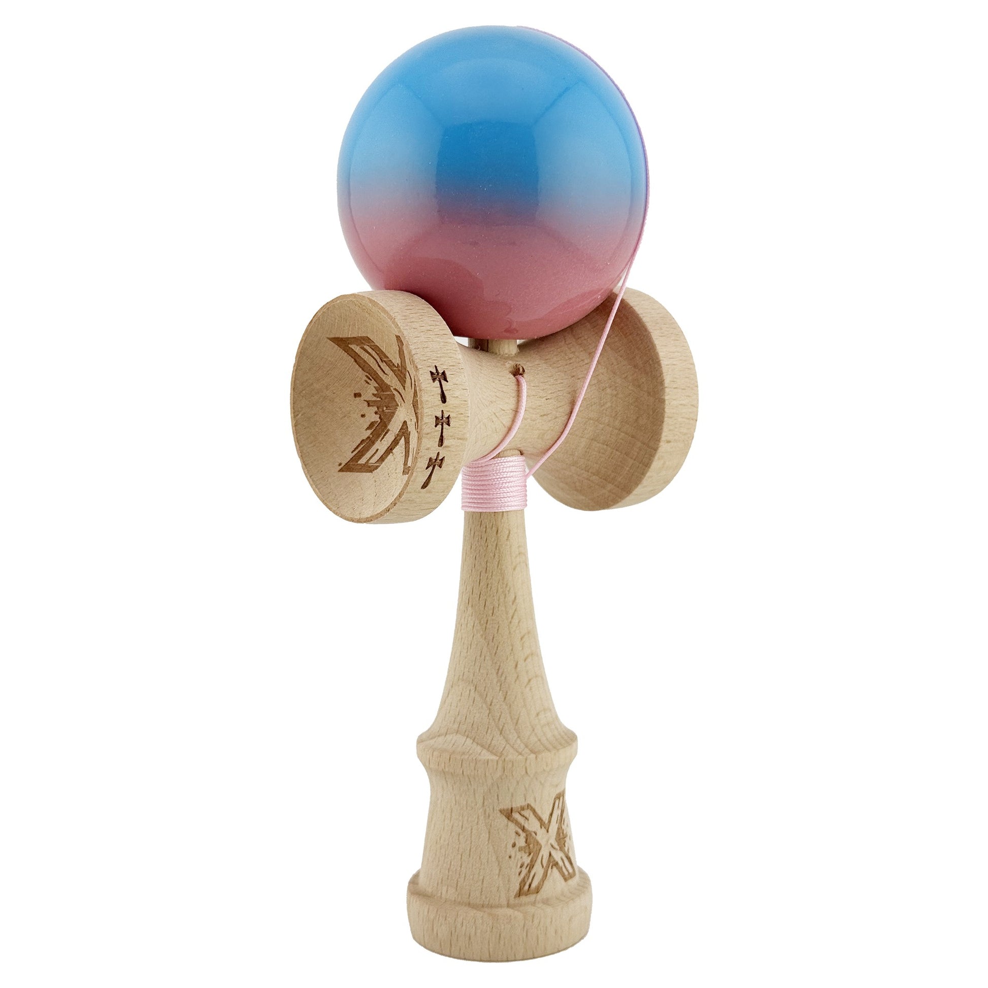 Kendama X Originala, Profesionala, Klevo, Big Cups V2, Super Sticky cu Cupe Mari, din lemn 18 cm, Rulment Metalic cu Ata 55 cm, Albastru/Roz