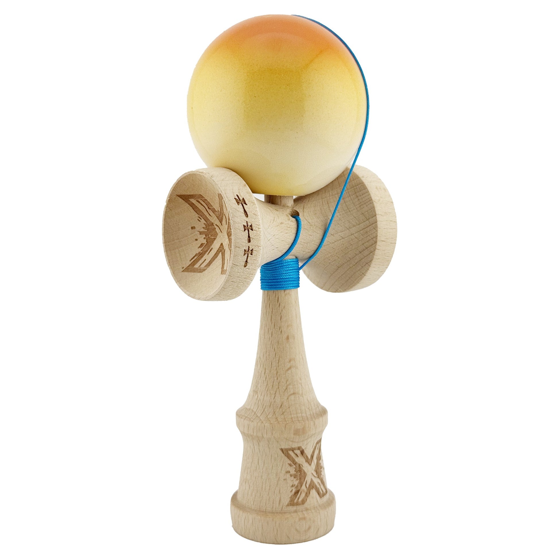 Kendama X Originala, Profesionala, Klevo, Big Cups V2, Super Sticky cu Cupe Mari, din lemn 18 cm, Rulment Metalic cu Ata 55 cm, Portocaliu/Galben/Alb