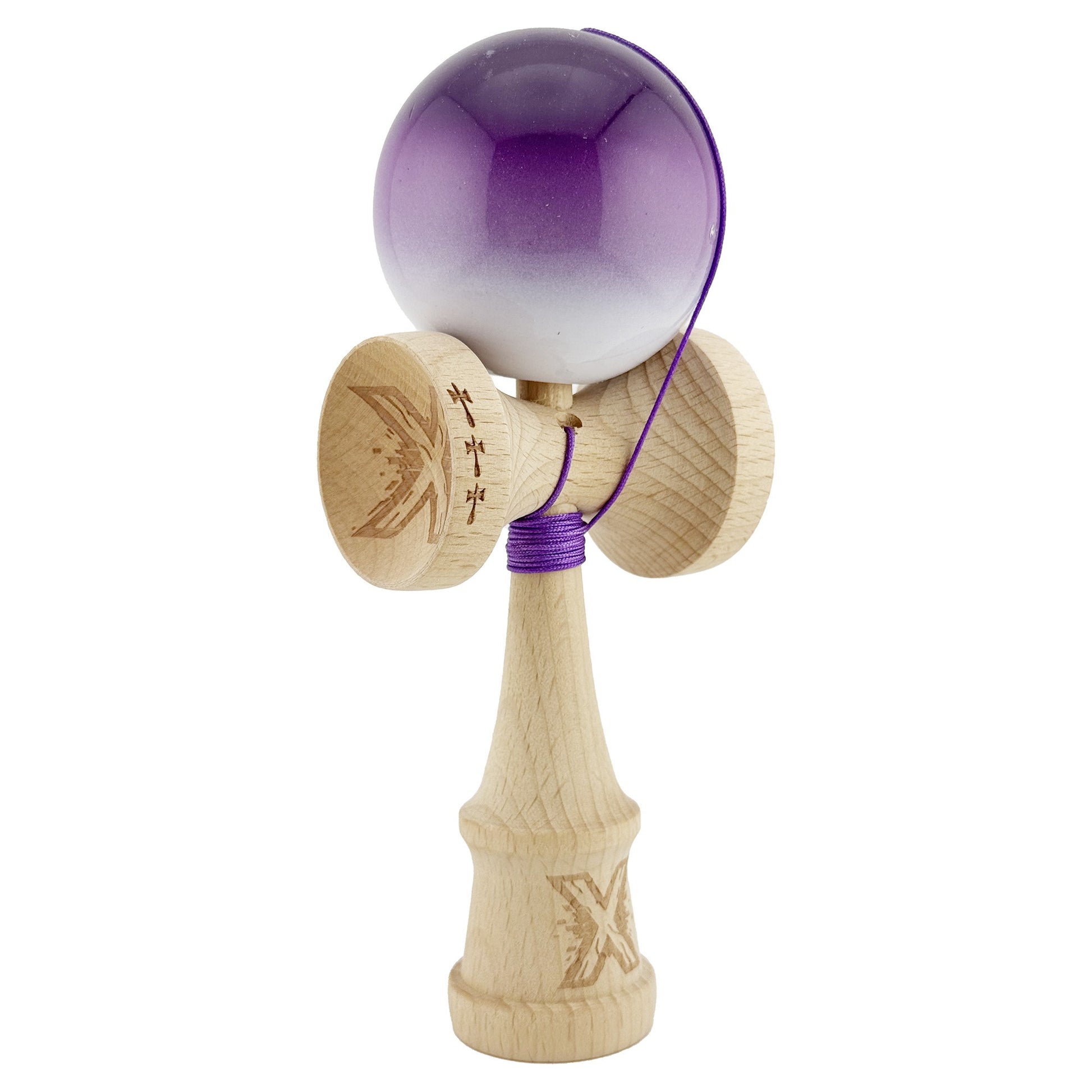 Kendama X Originala, Profesionala, Klevo, Big Cups V2, Super Sticky cu Cupe Mari, din lemn 18 cm, Rulment Metalic cu Ata 55 cm, Mov/Alb