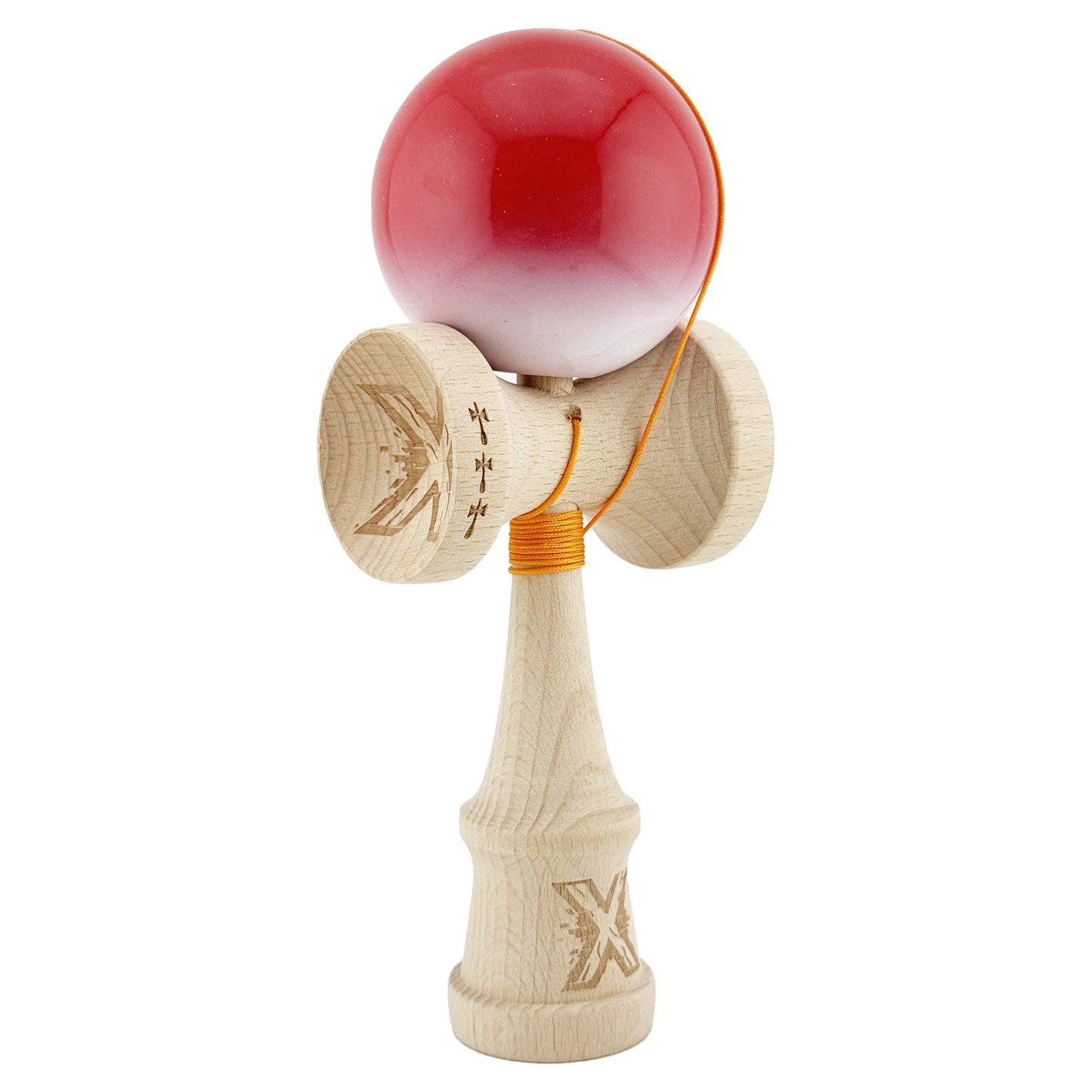 Kendama X Originala, Profesionala, Klevo, Big Cups V2, Super Sticky cu Cupe Mari, din lemn 18 cm, Rulment Metalic cu Ata 55 cm, Gradient Rosu/Alb