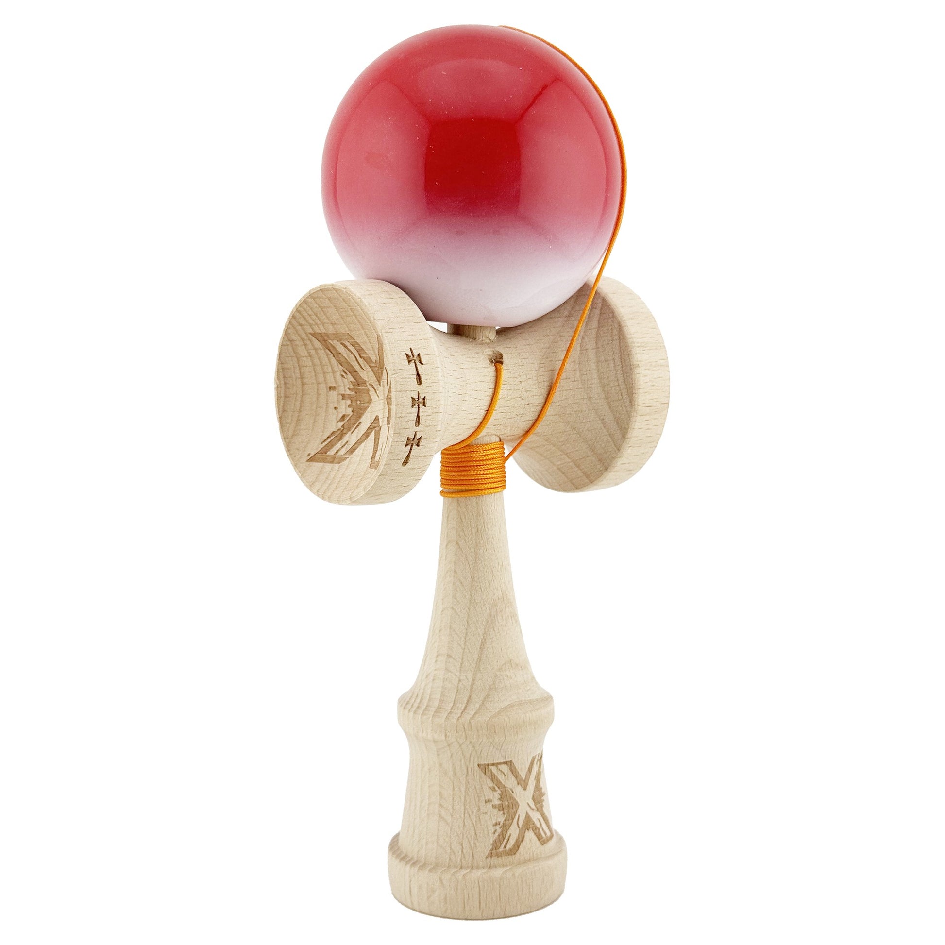 Kendama X Originala, Profesionala, Klevo, Big Cups V2, Super Sticky cu Cupe Mari, din lemn 18 cm, Rulment Metalic cu Ata 55 cm, Gradient Rosu/Alb