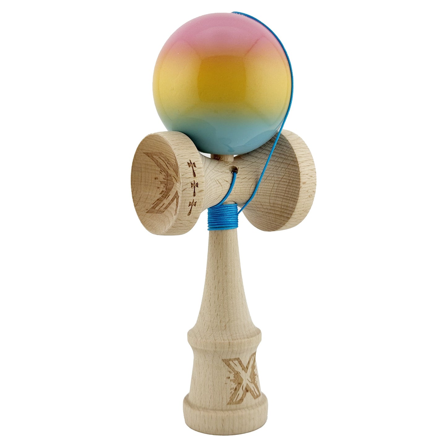 Kendama X Originala, Profesionala, Klevo, Big Cups V2, Super Sticky cu Cupe Mari, din lemn 18 cm, Rulment Metalic cu Ata 55 cm, Roz/Galben/Albastru