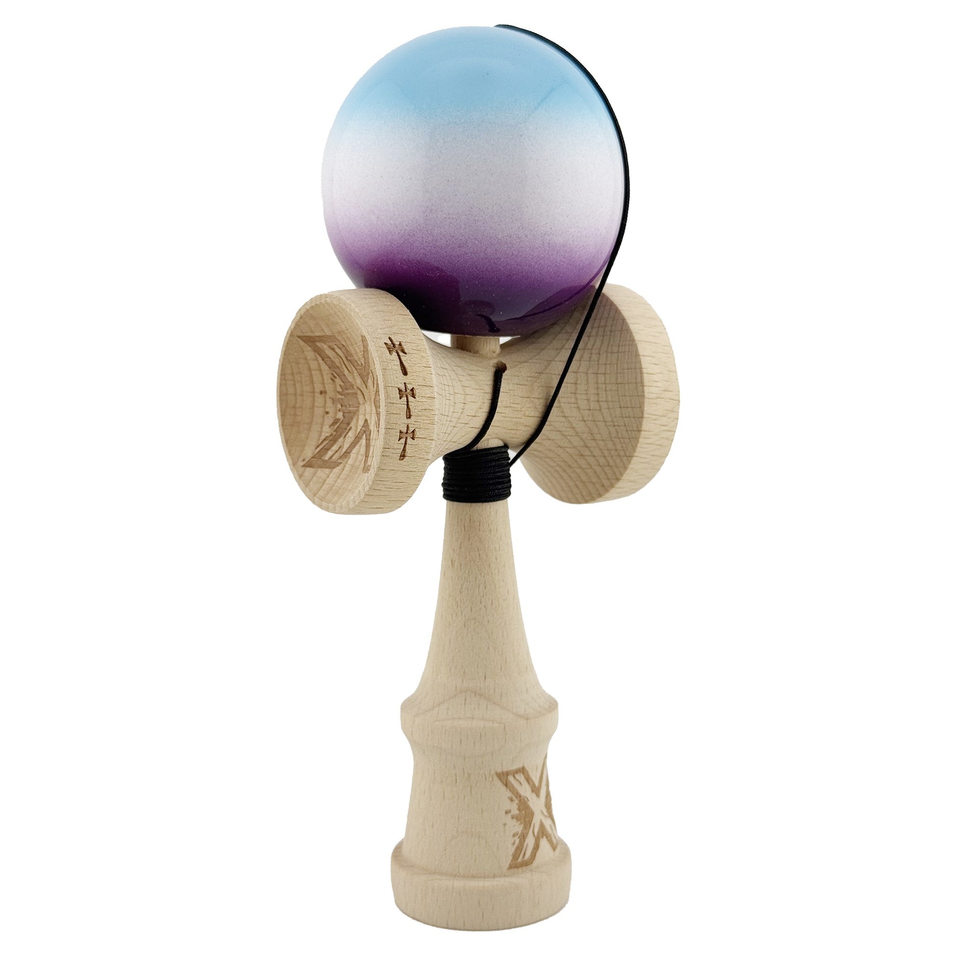 Kendama X Originala, Profesionala, Klevo, Big Cups V2, Super Sticky cu Cupe Mari, din lemn 18 cm, Rulment Metalic cu Ata 55 cm, Albastru/Alb/Mov