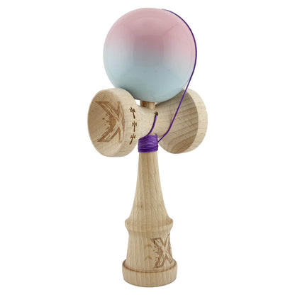 Kendama X Originala, Profesionala, Klevo, Big Cups V2, Super Sticky cu Cupe Mari, din lemn 18 cm, Rulment Metalic cu Ata 55 cm, Roz/Albastru deschis