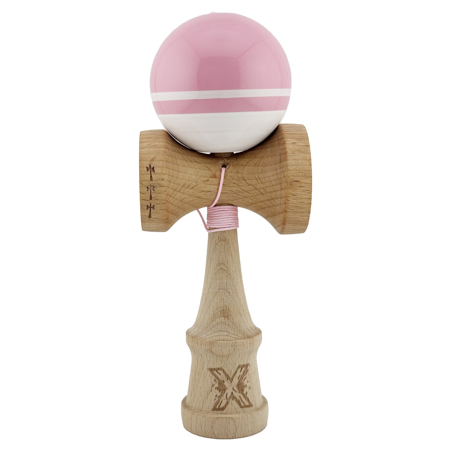 Kendama X Originala, Profesionala, Klevo, Big Cups V2, Super Sticky cu Cupe Mari, din lemn 18 cm, Rulment Metalic cu Ata 55 cm, Roz/Alb
