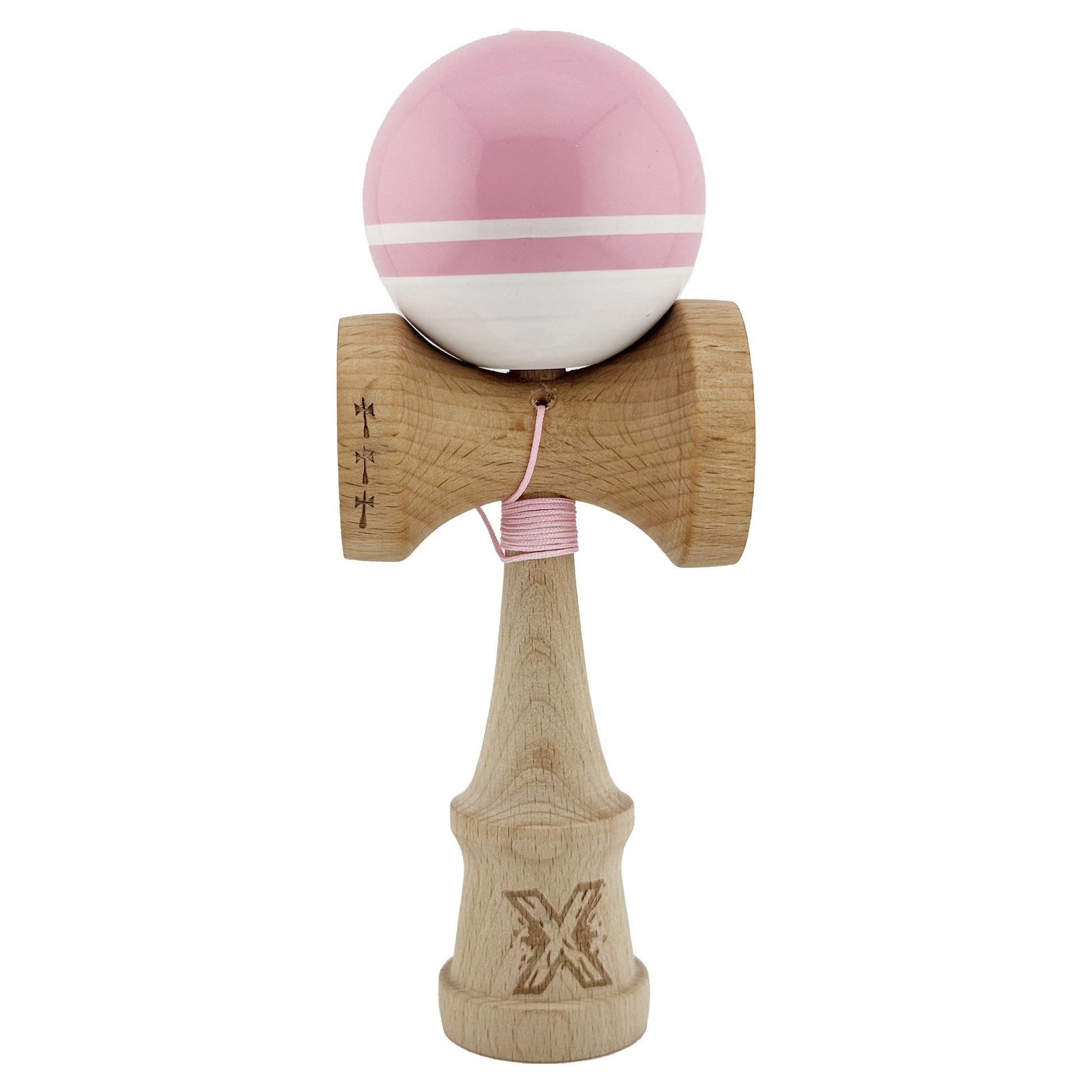 Kendama X Originala, Profesionala, Klevo, Big Cups V2, Super Sticky cu Cupe Mari, din lemn 18 cm, Rulment Metalic cu Ata 55 cm, Roz/Alb